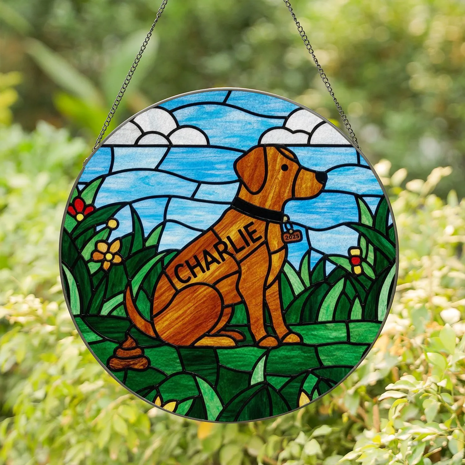 Charlie Pooping Dog Stained Glass Mosaic with 2025 Tag - Humorous Pet Owner Home Decor Stained Glass Suncatcher - 1
