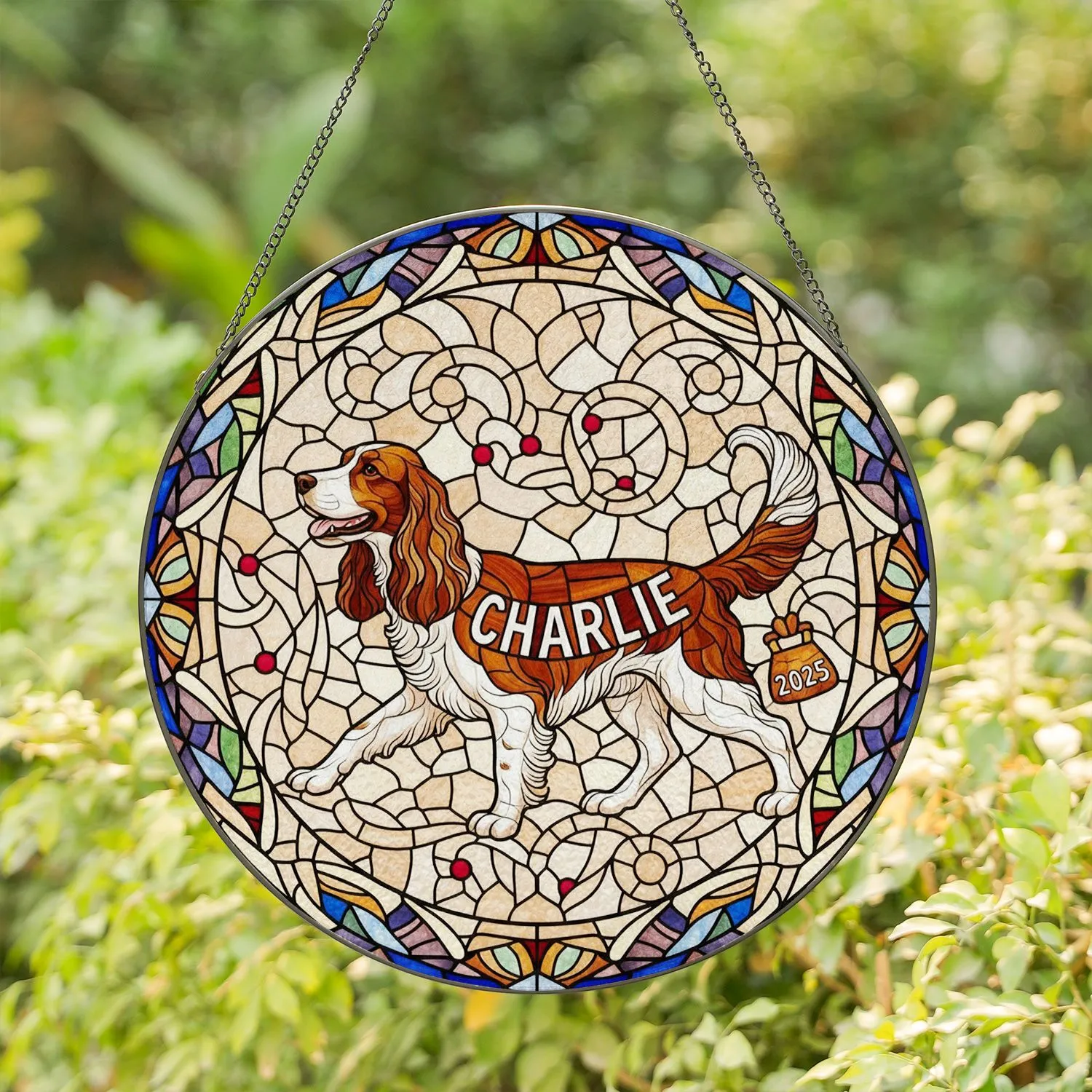 Brown White Spaniel Dog Charlie Stained Glass Floppy Ears Tail - 2025 Pet Owner Gift Stained Glass Suncatcher - 1