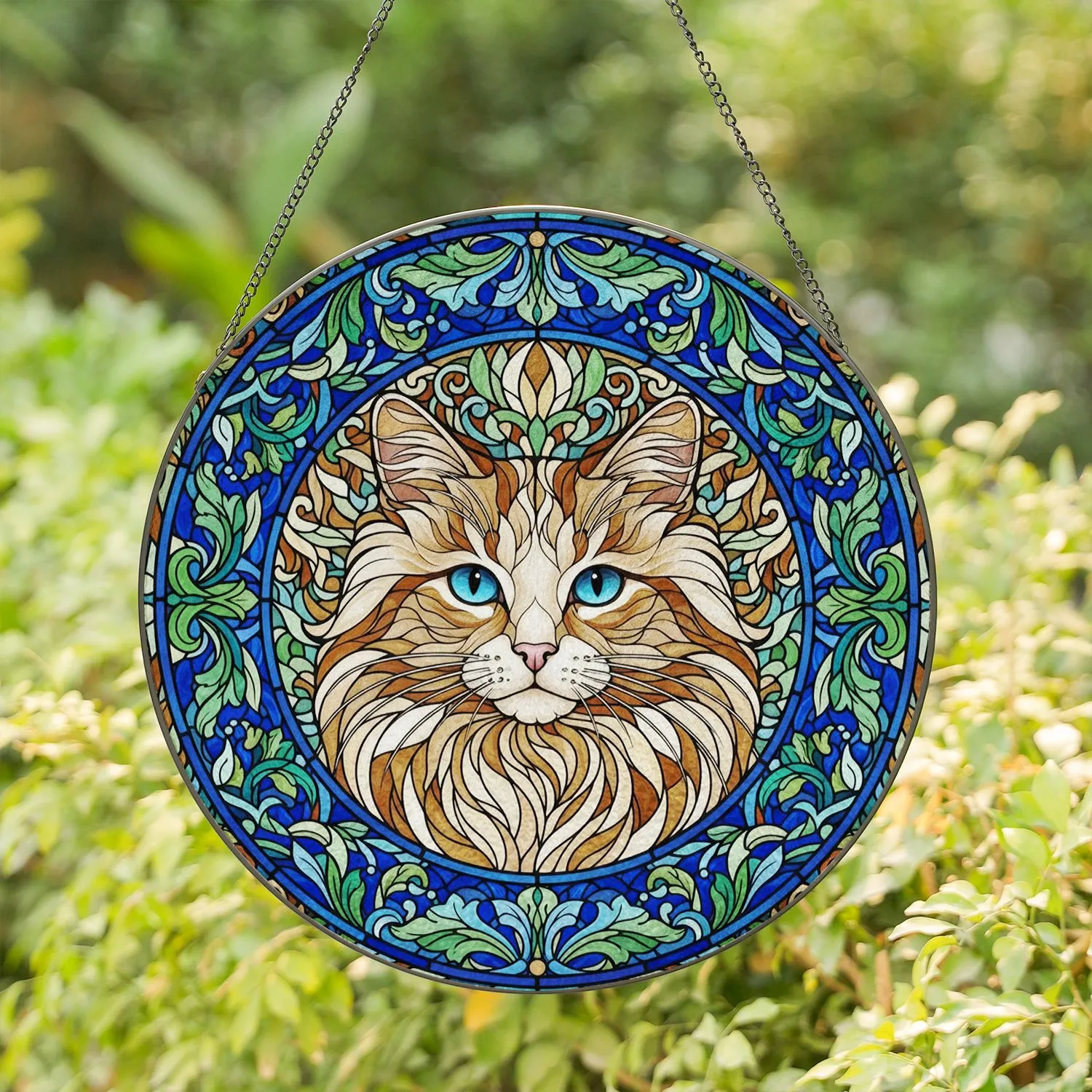Fluffy Blue Eyed Cat Stained Glass Mosaic Foliage Border Tiffany Style Window Decor Stained Glass Suncatcher - 1