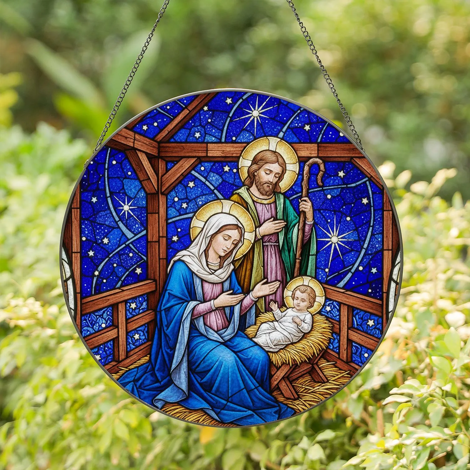 Tiffany Style Holy Family Nativity Scene - Baby Jesus Starry Night Christmas Gift Stained Glass Suncatcher - 1
