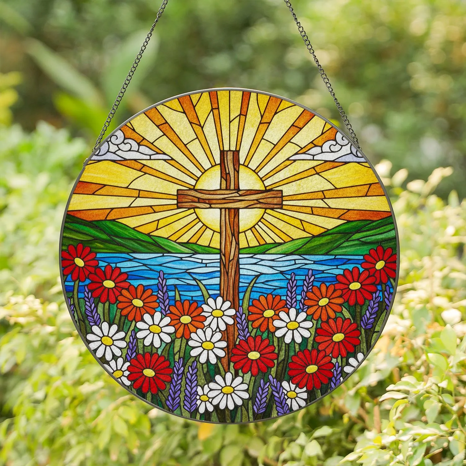 Rustic Cross Flower Field Stained Glass Sunburst Daisies Lavender - Window Art Stained Glass Suncatcher - 1