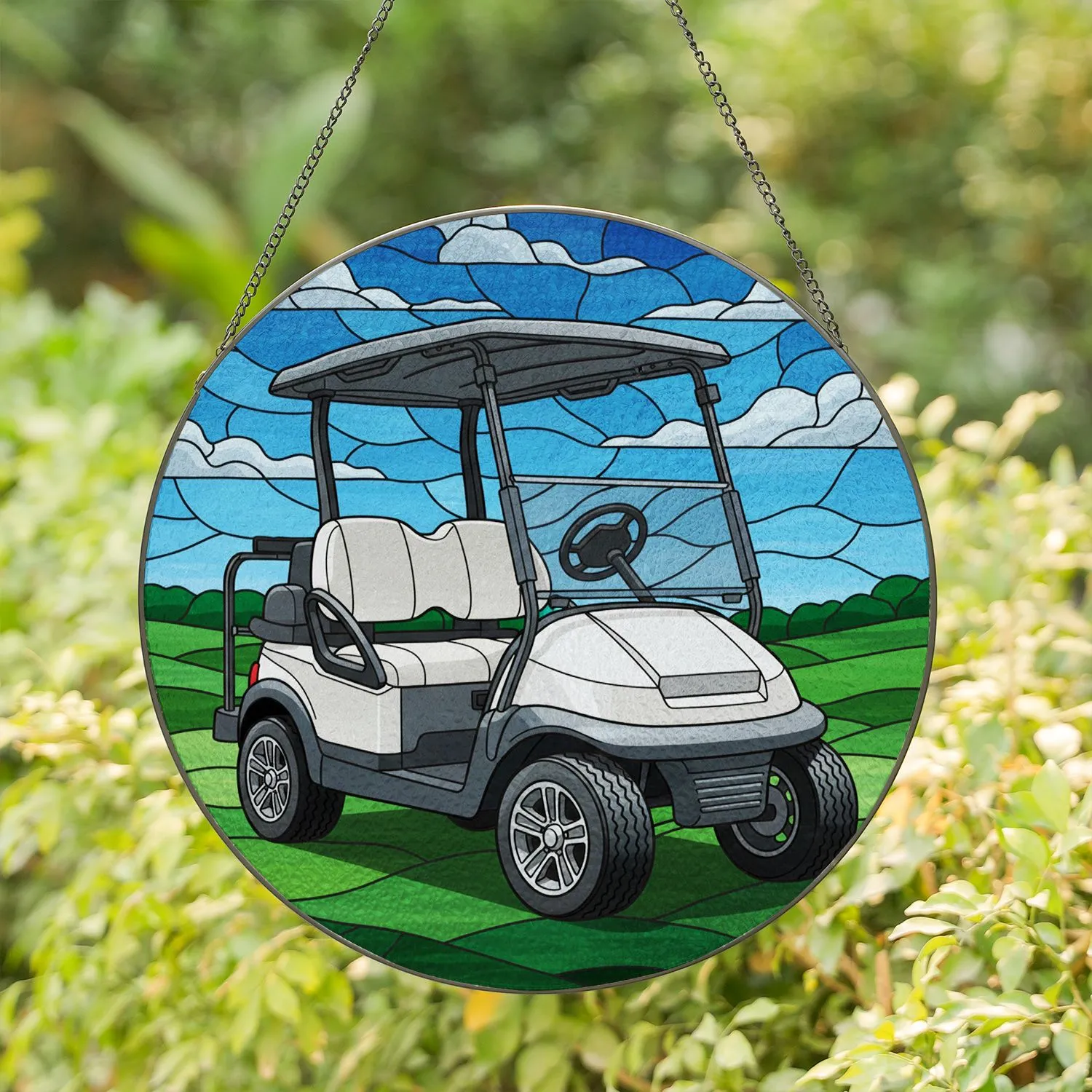 White Dark Grey Golf Cart Stained Glass Art - Golf Course Fairway Tiffany Style Home Gift Stained Glass Suncatcher - 1