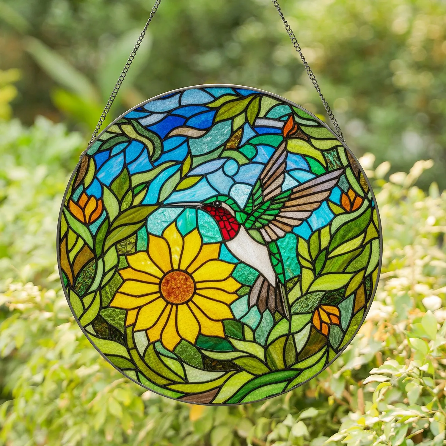 Colorful Hummingbird Stained Glass Tiffany Style - Ruby Throat Flower Garden Mosaic Art Stained Glass Suncatcher - 1