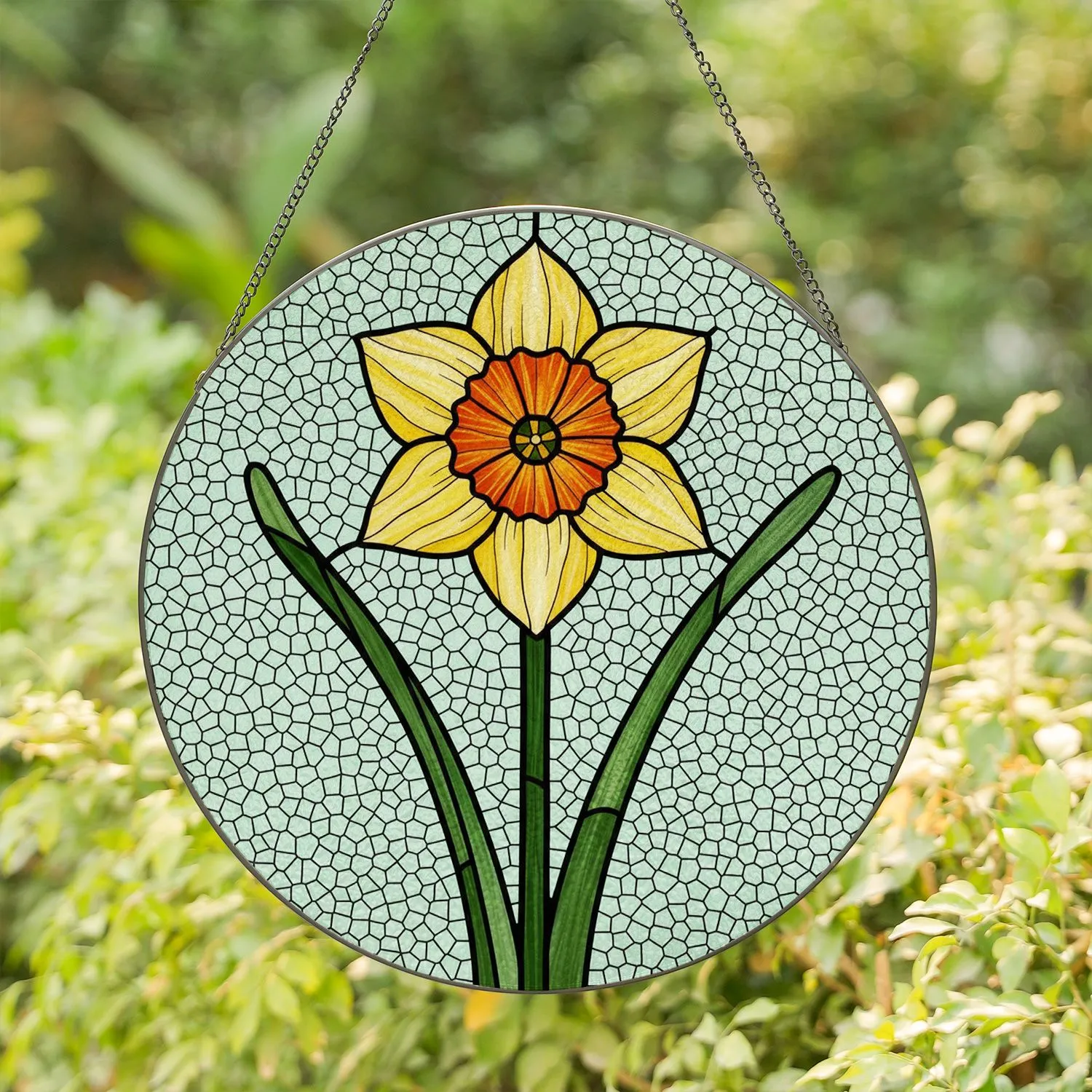 Vibrant Daffodil Stained Glass Flower - Deep Orange Yellow Intricate Tiffany Mosaic Art Stained Glass Suncatcher - 1