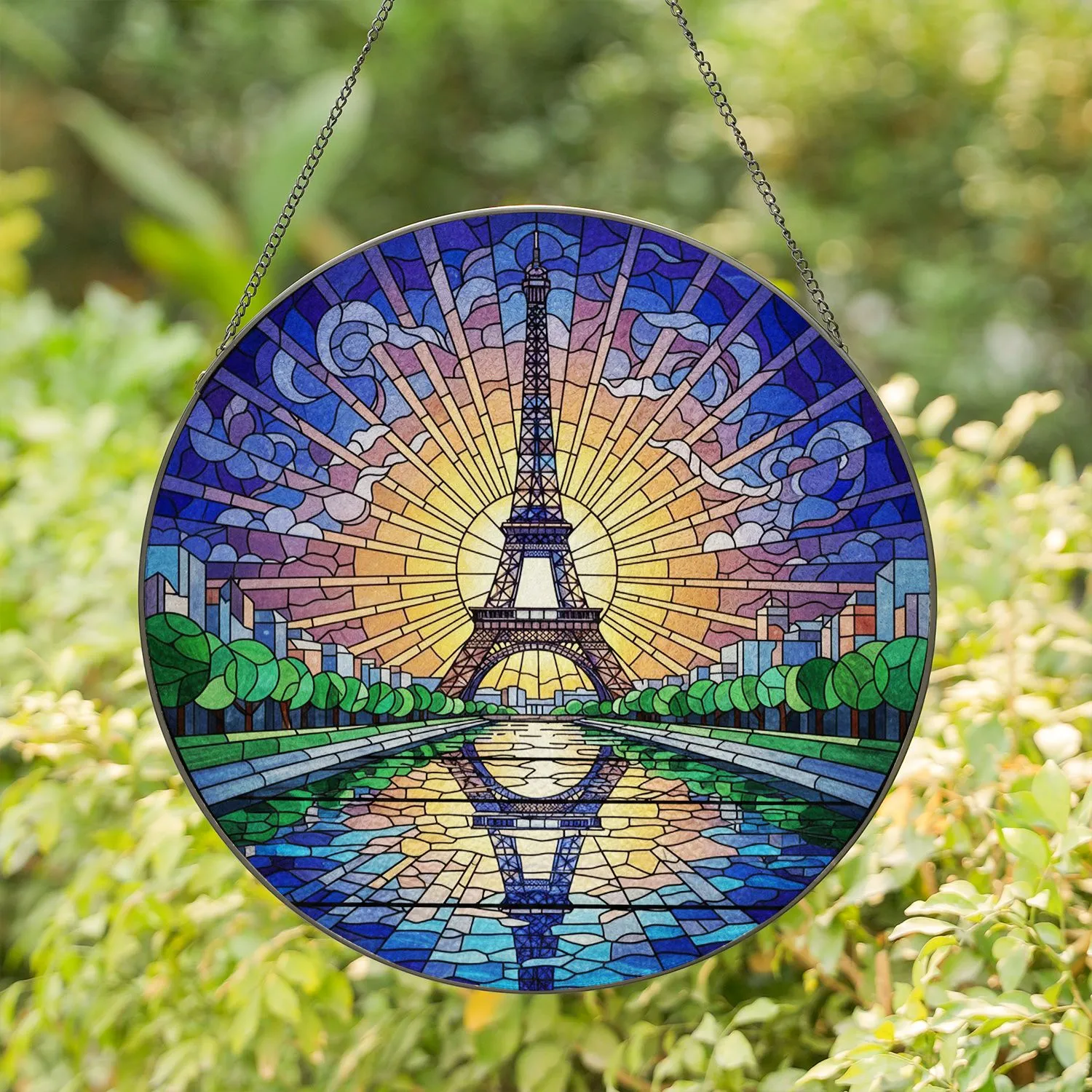 Eiffel Tower Reflection Cityscape Stained Glass Tiffany Style Jewel Tones Sunburst Sky Stained Glass Suncatcher - 1