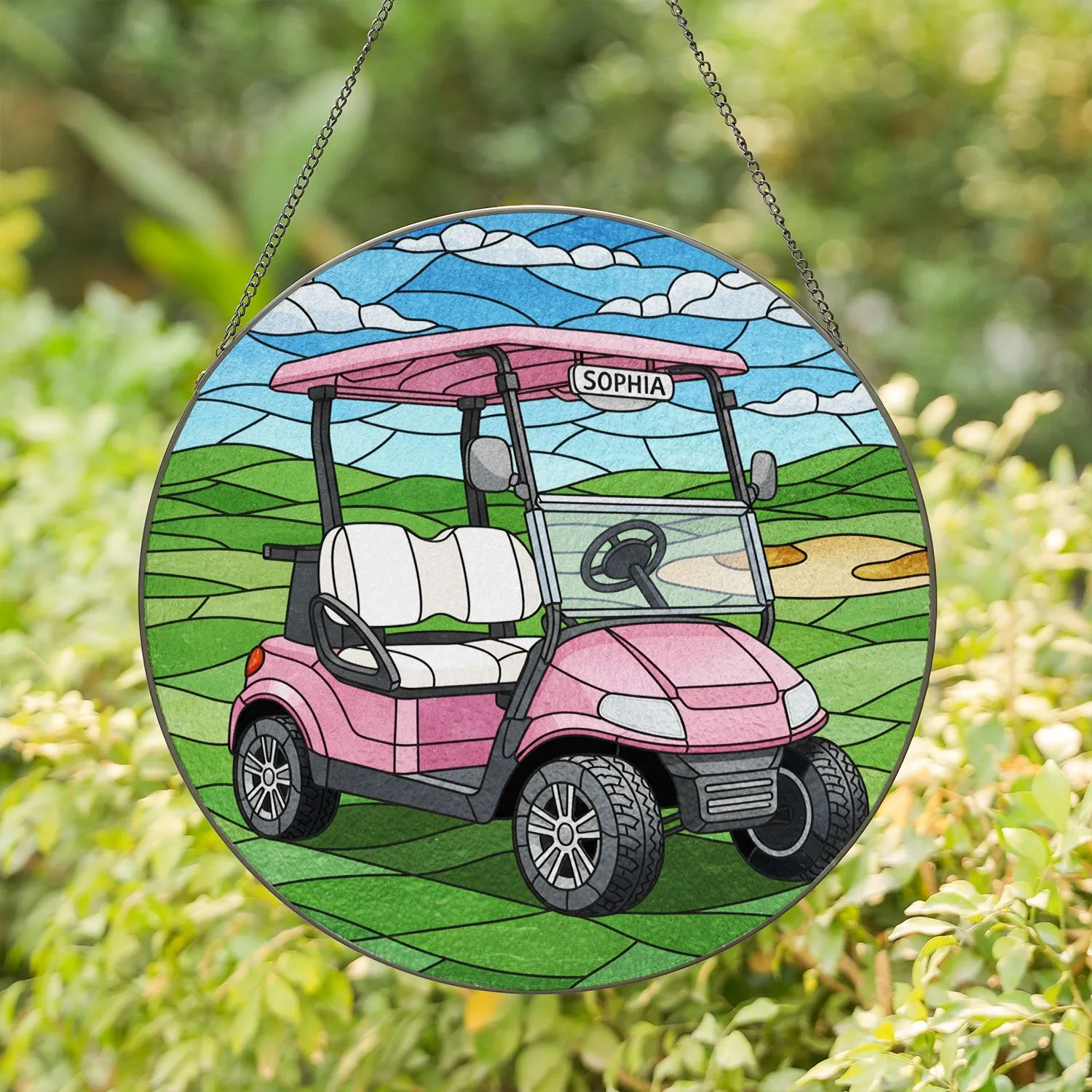 Rose Pink Golf Cart Sophia - Detailed Tiffany Style Golf Course Scene Gift for Her Stained Glass Suncatcher - 1