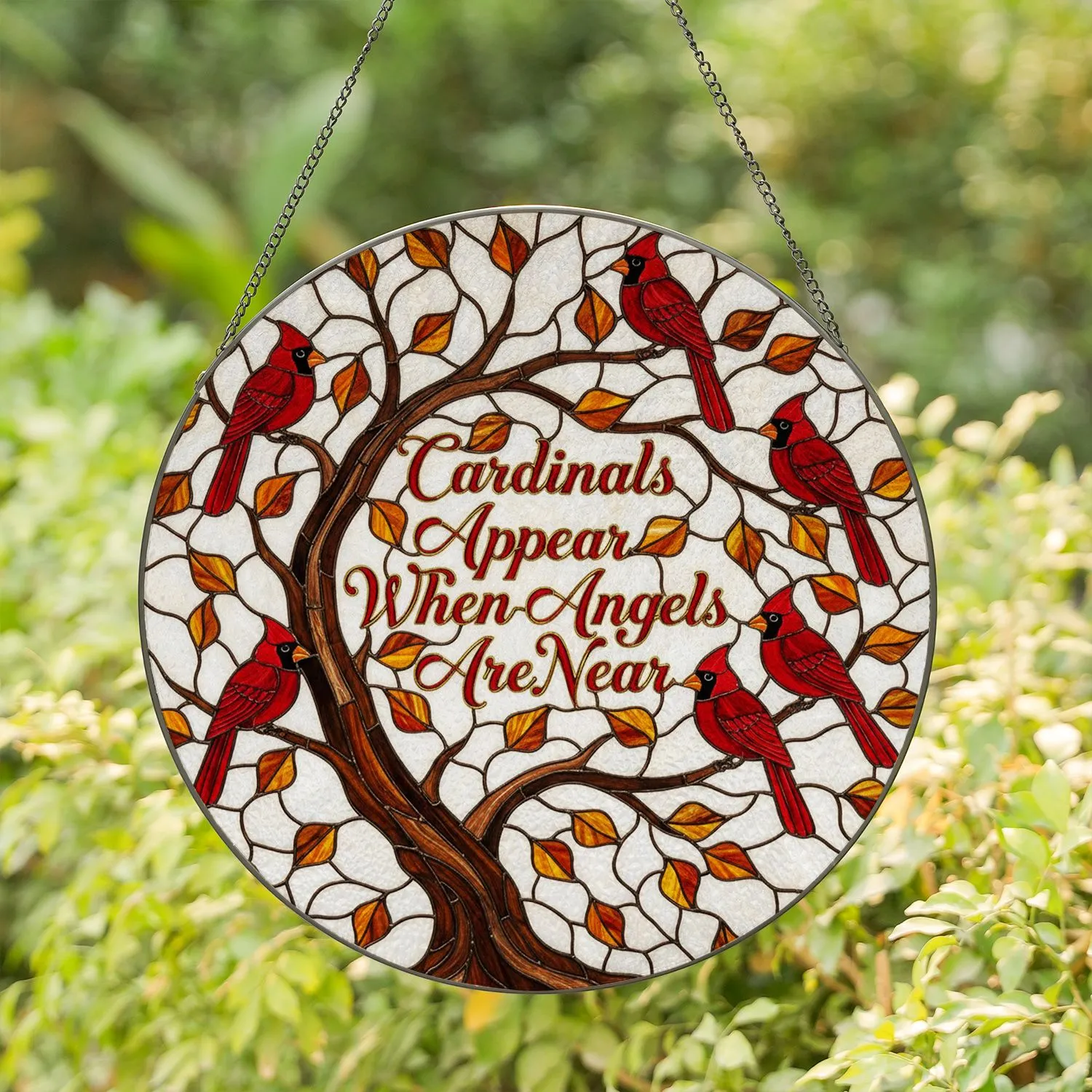 Cardinals Appear When Angels Are Near Stained Glass Tree Autumn Leaves Remembrance Gift Stained Glass Suncatcher - 1