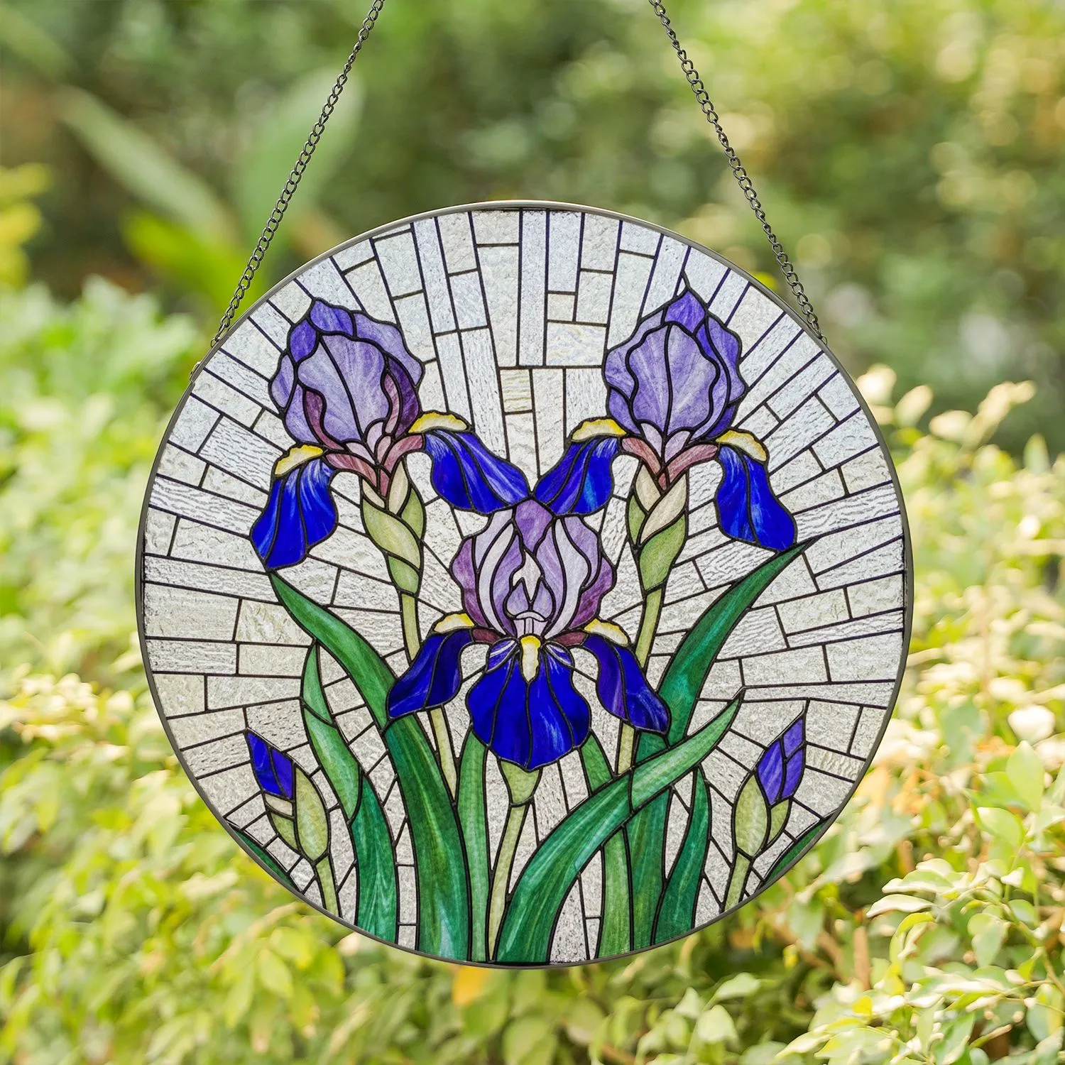 Stained Glass Iris Flowers with Buds - Tiffany Style Intricate Petals Mosaic Art Decor Stained Glass Suncatcher - 1