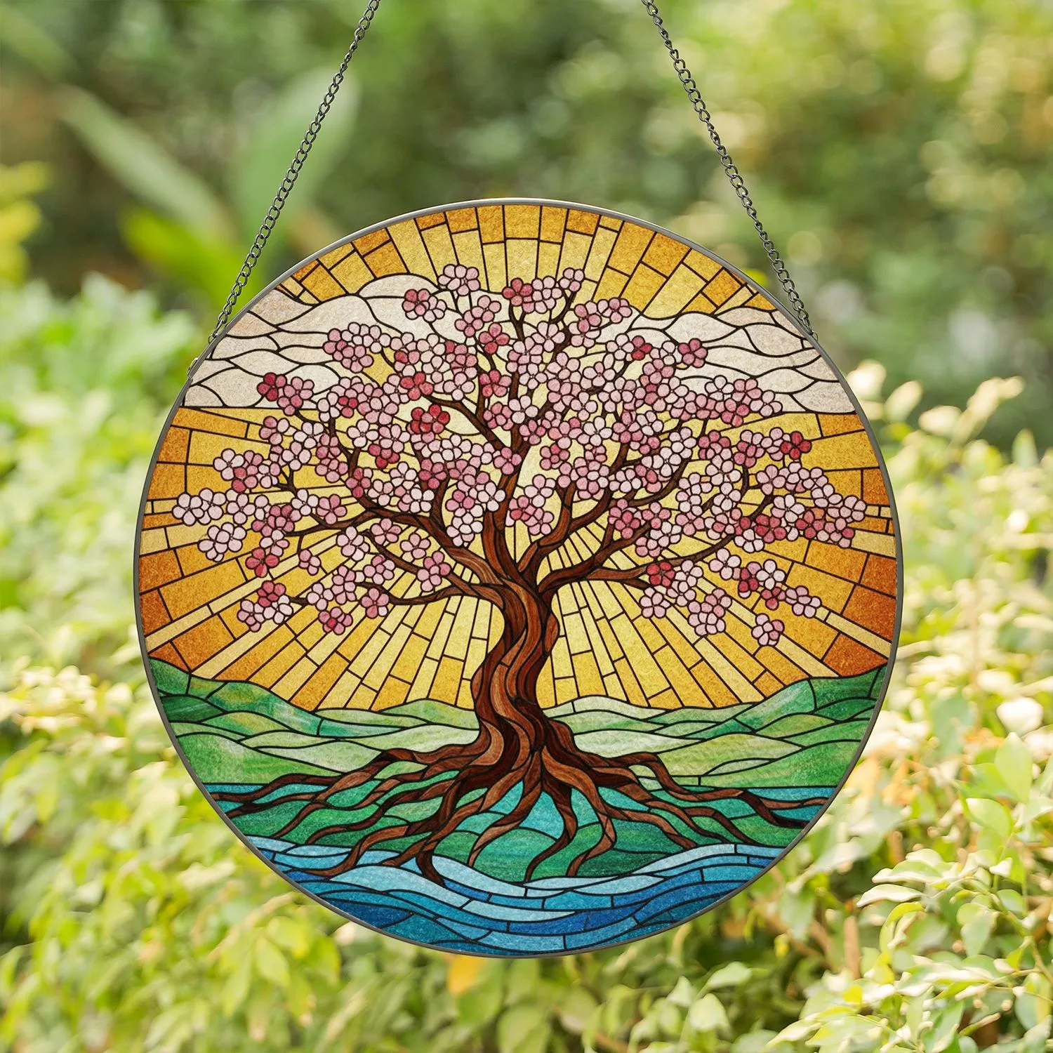 Cherry Blossom Tree of Life Stained Glass Art Tiffany Style - Radiant Sky Earth Water Stained Glass Suncatcher - 1