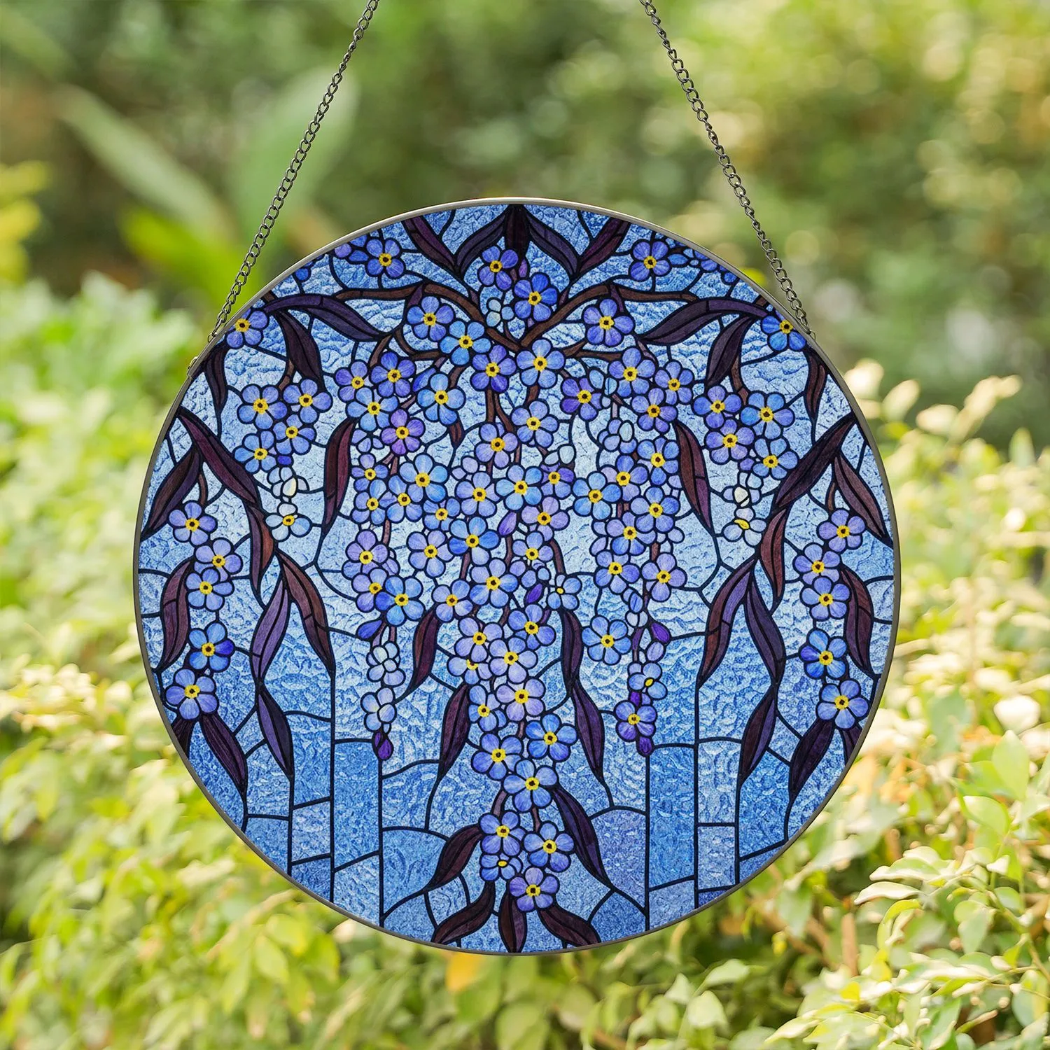 Blue Purple Forget-Me-Not Flowers, Cascading Vines, Stained Glass Art, Ripple Mosaic Stained Glass Suncatcher - 1
