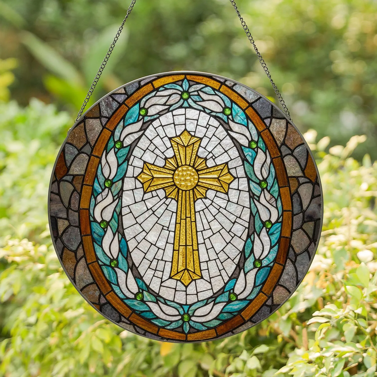 Stained Glass Cross Mosaic Art with Geometric Patterns, Leaf Wreath & Egg Shape Stained Glass Suncatcher - 1