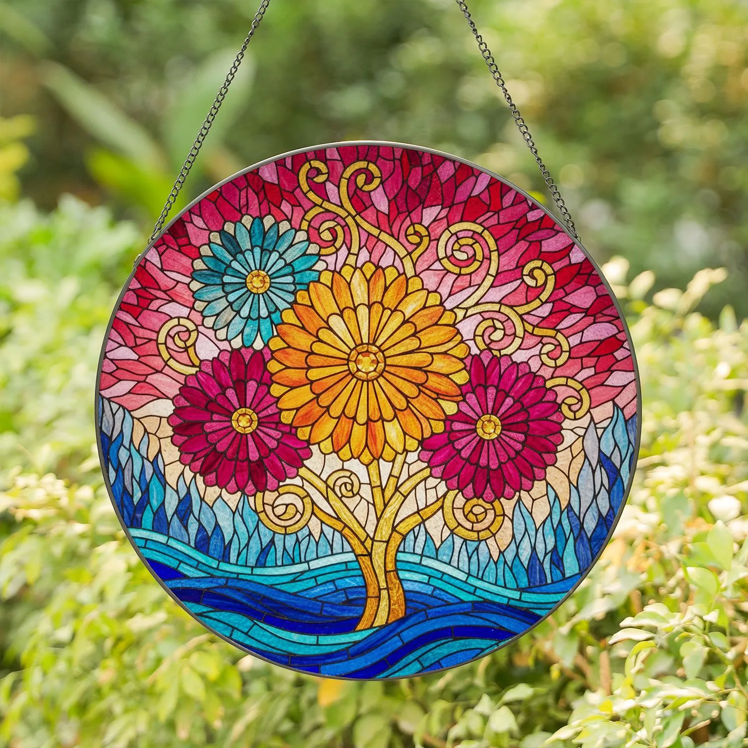 Tiffany Glass Dandelion Burst Flowers - Jeweled Stained Glass Garden Mosaic Landscape Stained Glass Suncatcher - 1