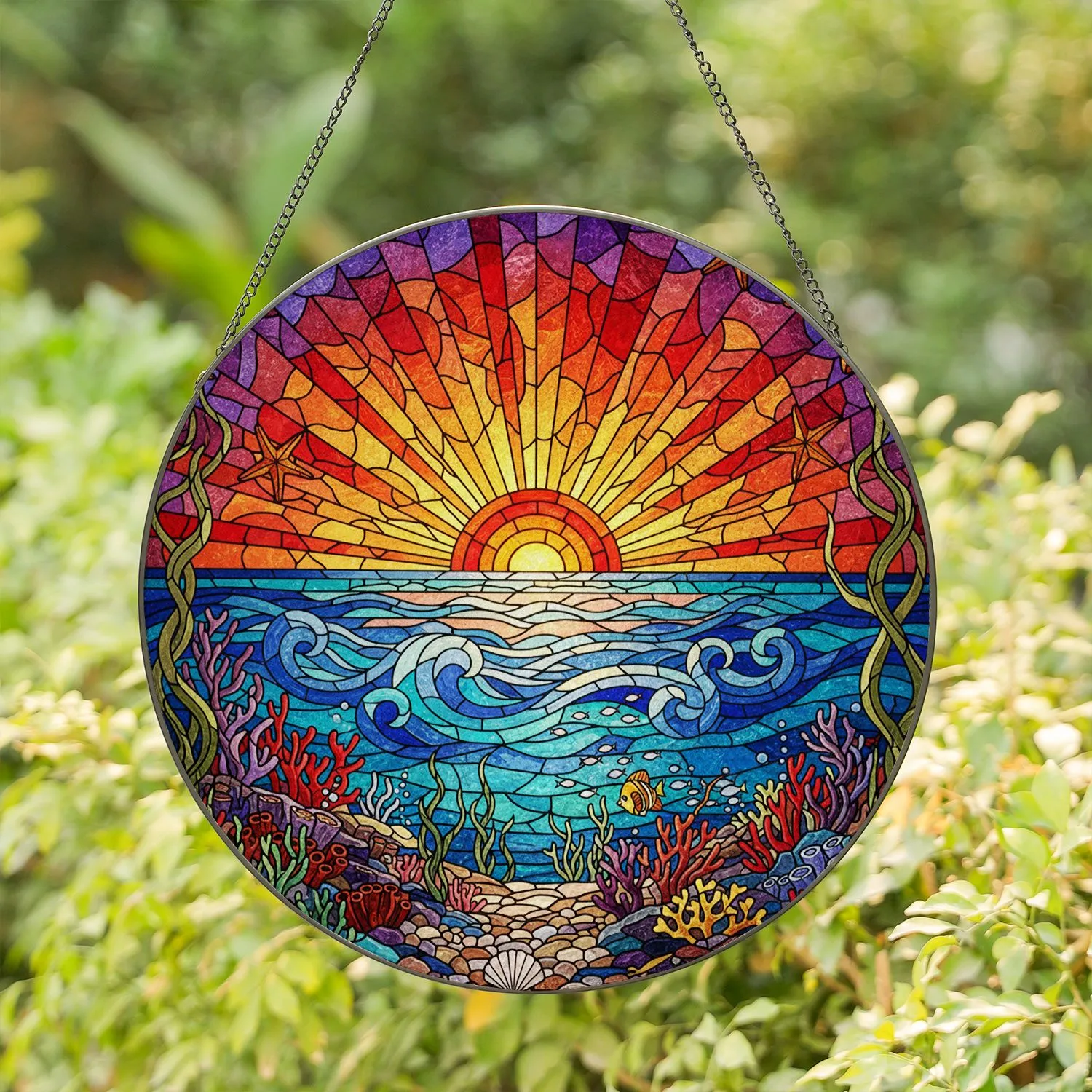 Tiffany Stained Glass Sunset Ocean, Starfish Coral Reef, Seashell Seaweed Art Decor Stained Glass Suncatcher - 1