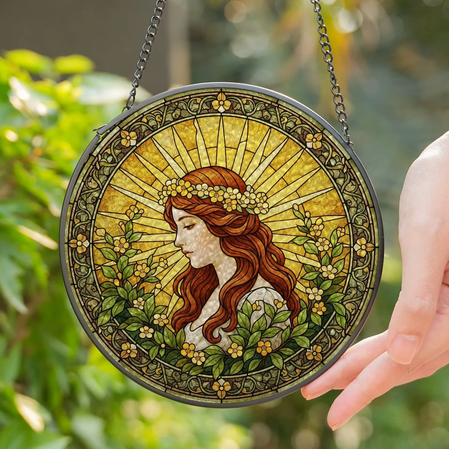 Stained Glass Woman Portrait with Floral Wreath & Sunburst Pattern - Tiffany Style Home Decor Stained Glass Suncatcher - 1