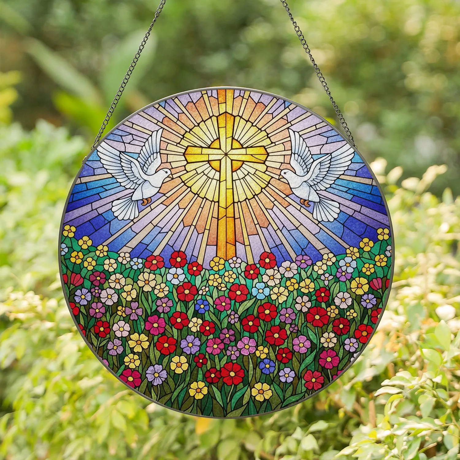 Radiant Christian Cross White Doves Wildflower Garden Tiffany Stained Glass Faith Home Decor Stained Glass Suncatcher - 1