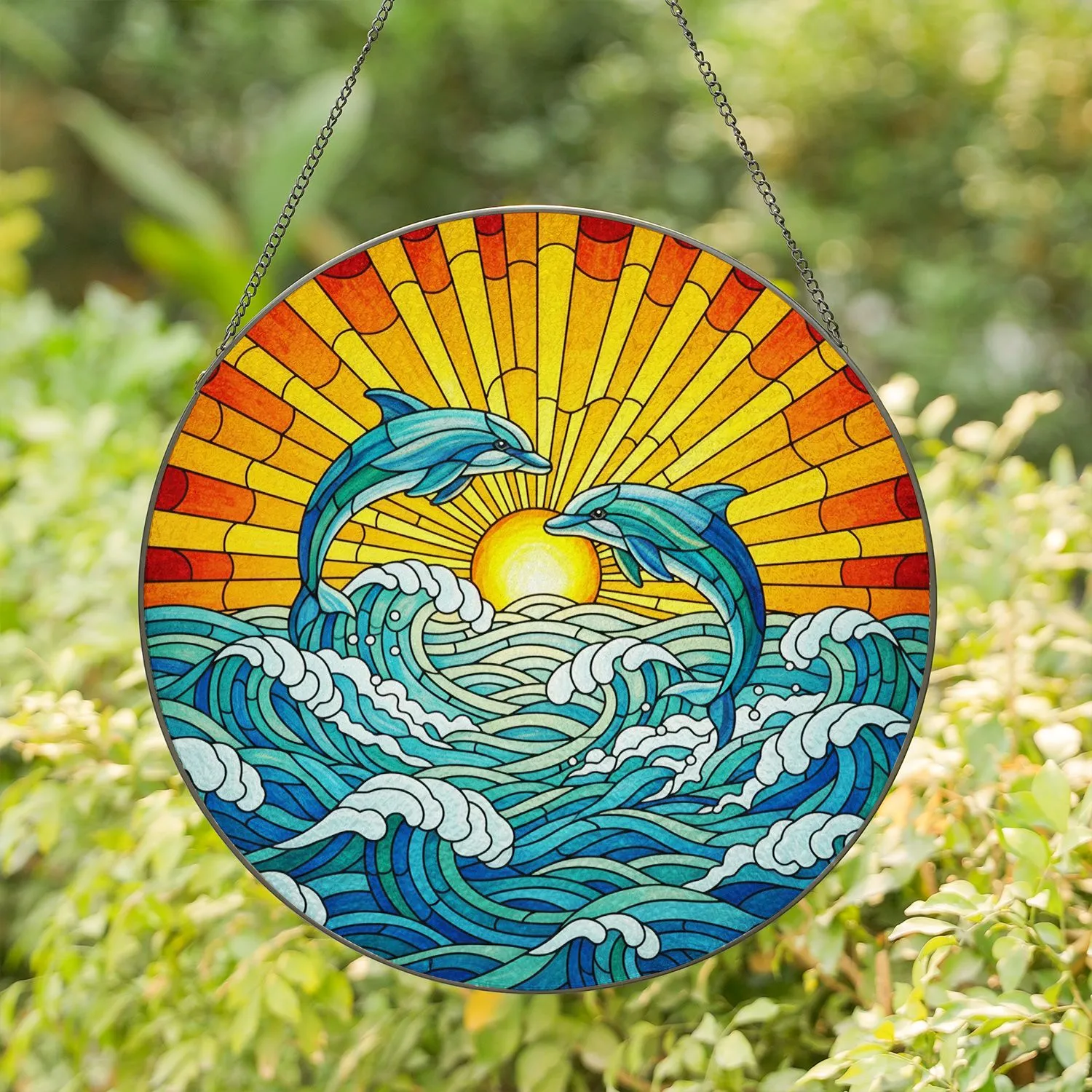 Dolphins Ocean Waves Sunset Stained Glass Art - Coastal Home Marine Life Decor Gift Stained Glass Suncatcher - 1