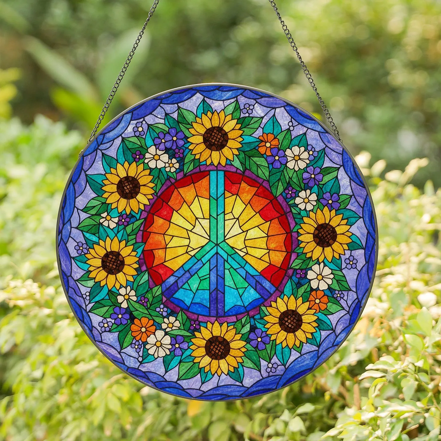 Rainbow Peace Sign Stained Glass, Tiffany Floral Mosaic, Iridescent Jewel Tone Art Stained Glass Suncatcher - 1