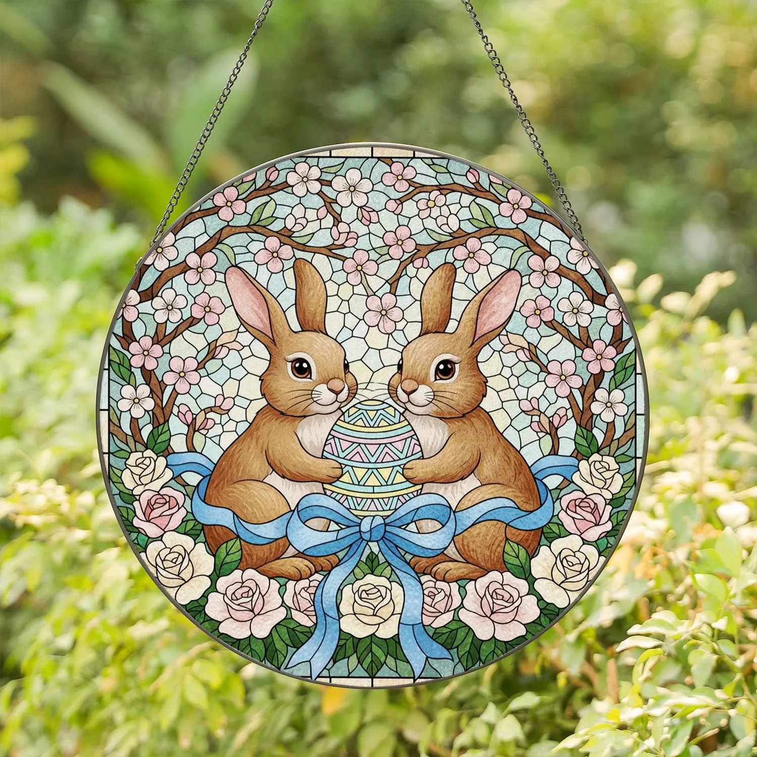 Tiffany Stained Glass Brown Bunnies Easter Egg Cherry Blossom Roses Spring Decor Stained Glass Suncatcher - 1