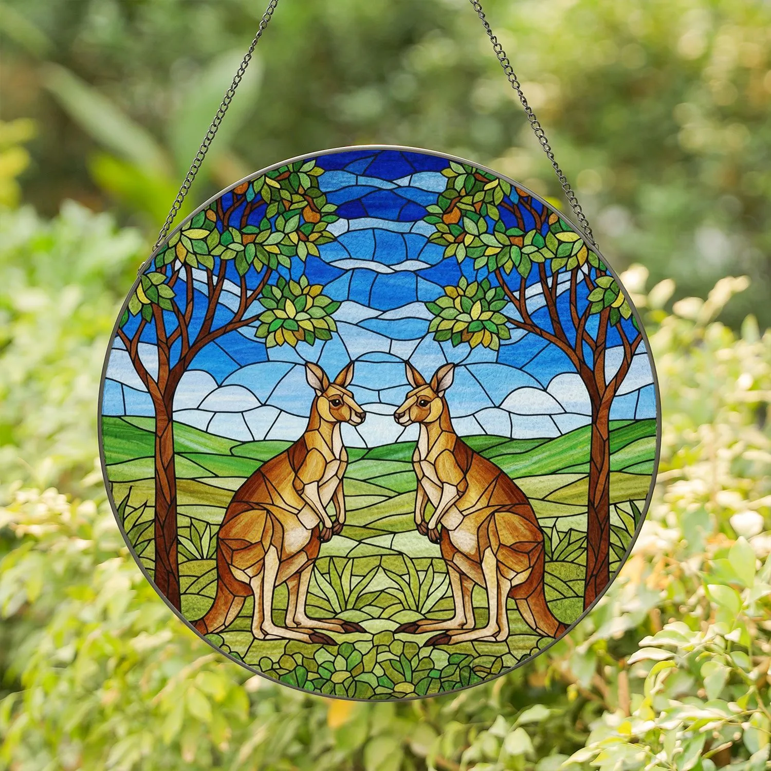 Kangaroos Stained Glass Artwork - Glowing Tiffany Jewel Tone Trees Hills Sky Mosaic Stained Glass Suncatcher - 1