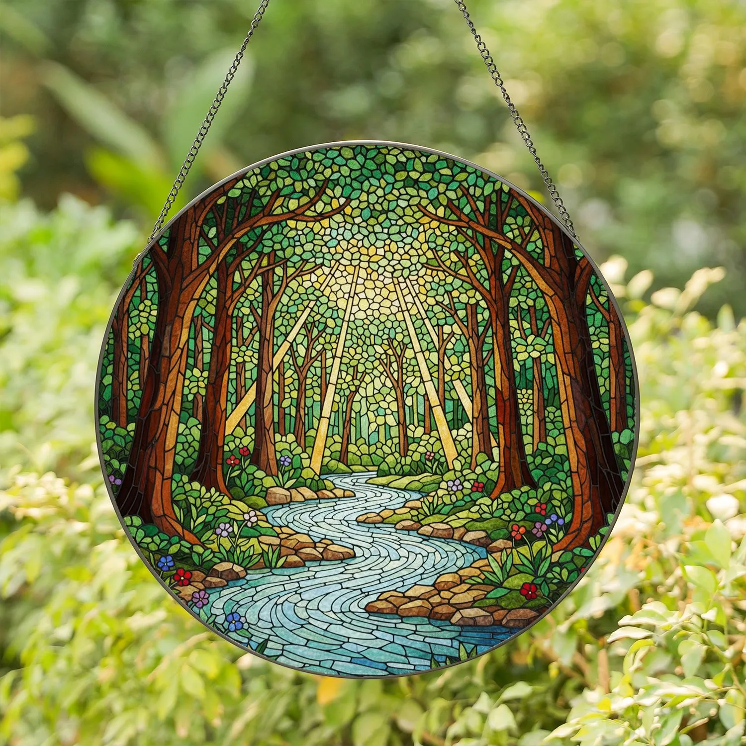 Forest Stream Woodland Stained Glass Art - Tiffany Jewel Tones Sun-Dappled Nature Decor Stained Glass Suncatcher - 1