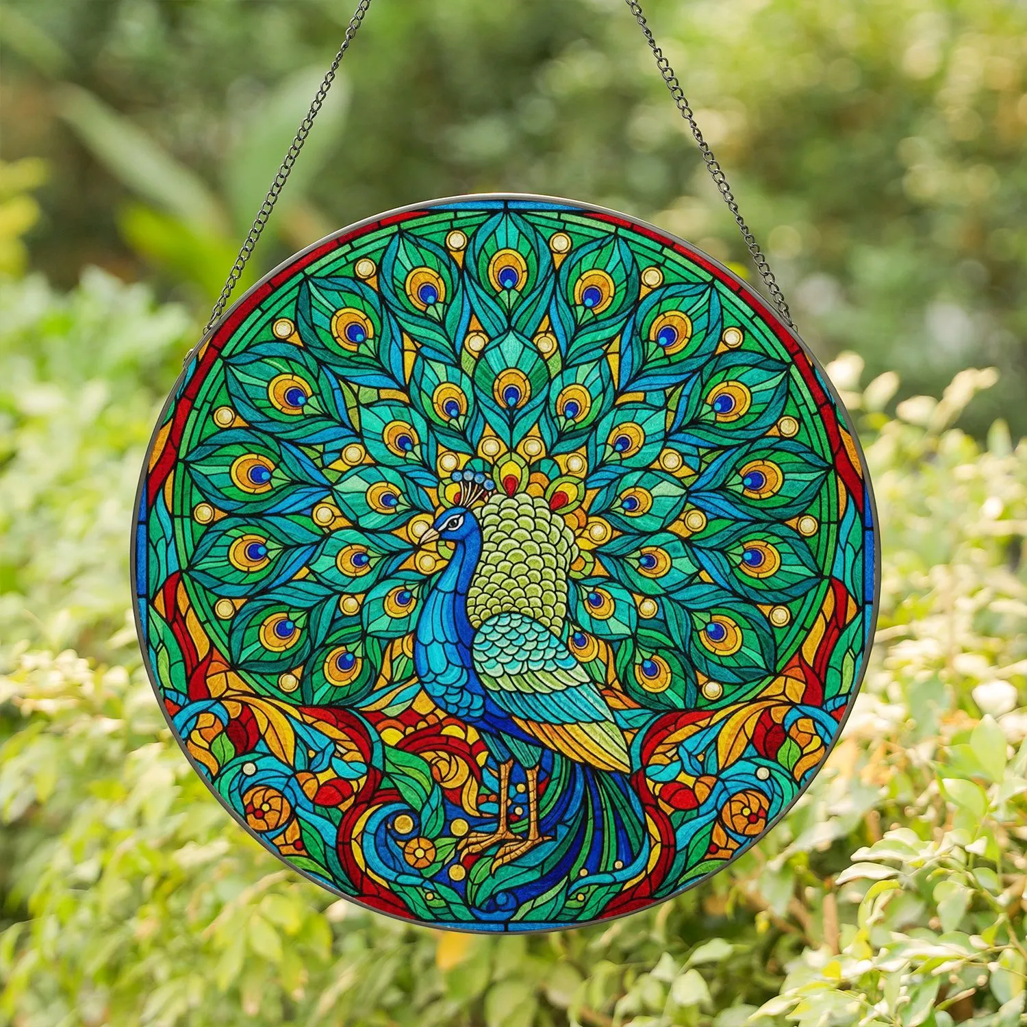 Majestic Peacock Fanned Tail Stained Glass Tiffany Style Translucent Jewel Tone Mosaic Stained Glass Suncatcher - 1