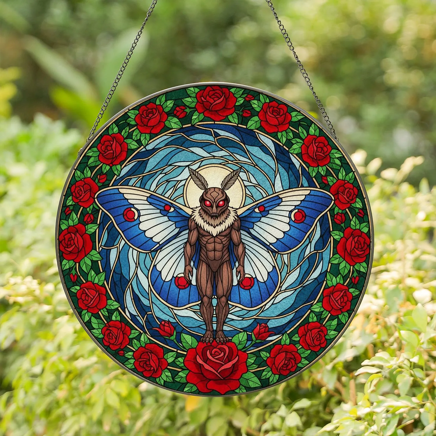 Mothman Red Eyes Rose Stained Glass Tiffany Style - Dark Cryptid Winged Creature Art Stained Glass Suncatcher - 1