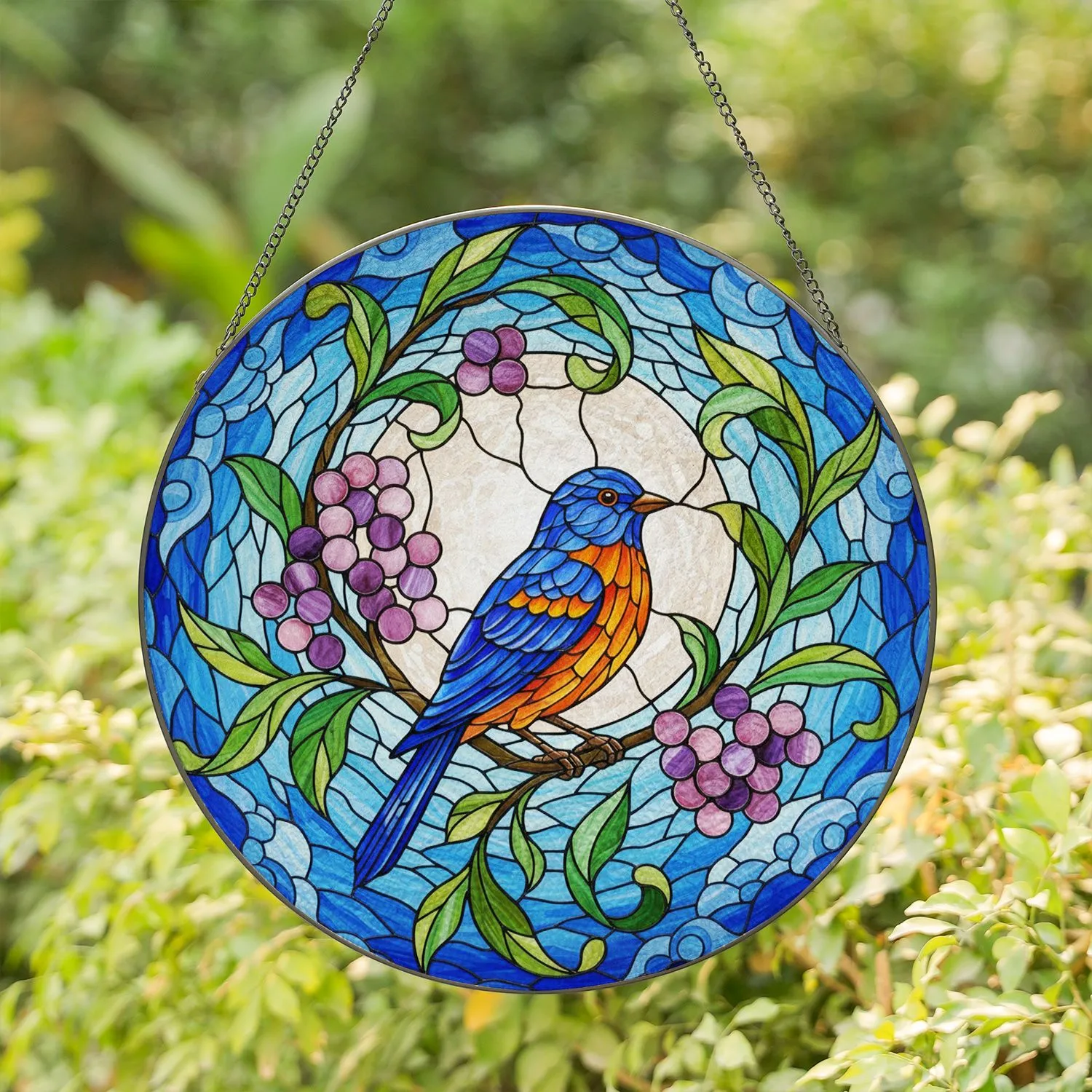 Jewel Tone Blue Orange Songbird & Opalescent Full Moon - Intricate Tiffany Stained Glass Art Stained Glass Suncatcher - 1