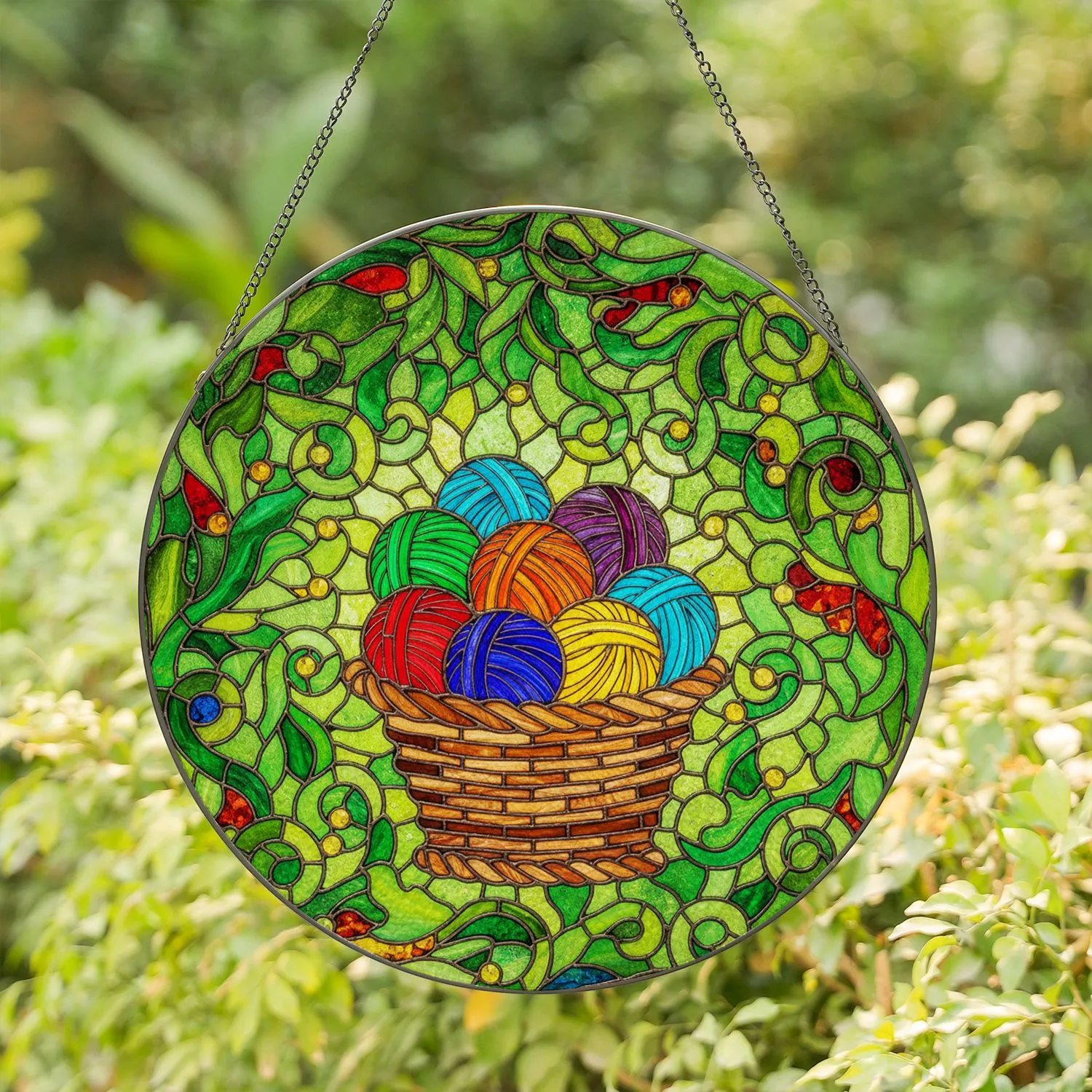 Woven Yarn Basket Stained Glass Leaves Mosaic - Tiffany Style Jewel Tone Green Red Purple Art Stained Glass Suncatcher - 1