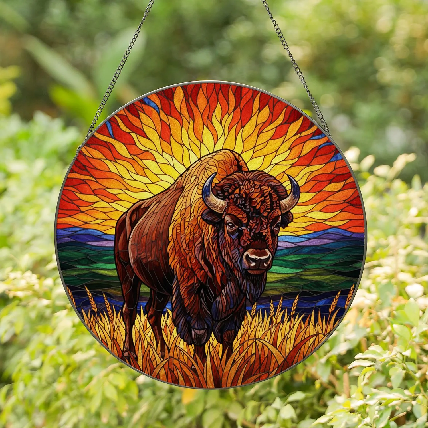 Majestic American Bison Prairie Sunset Tiffany Stained Glass Mosaic Art Glowing Jewel Tones Stained Glass Suncatcher - 1