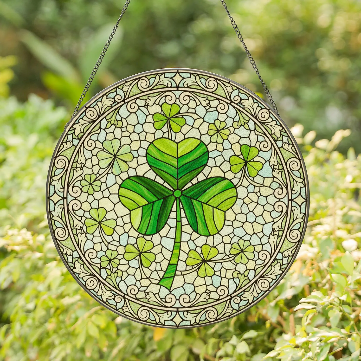 Four-Leaf Clover Stained Glass Tiffany Style Mosaic - Emerald Green Leaves Scrollwork Decor Stained Glass Suncatcher - 1