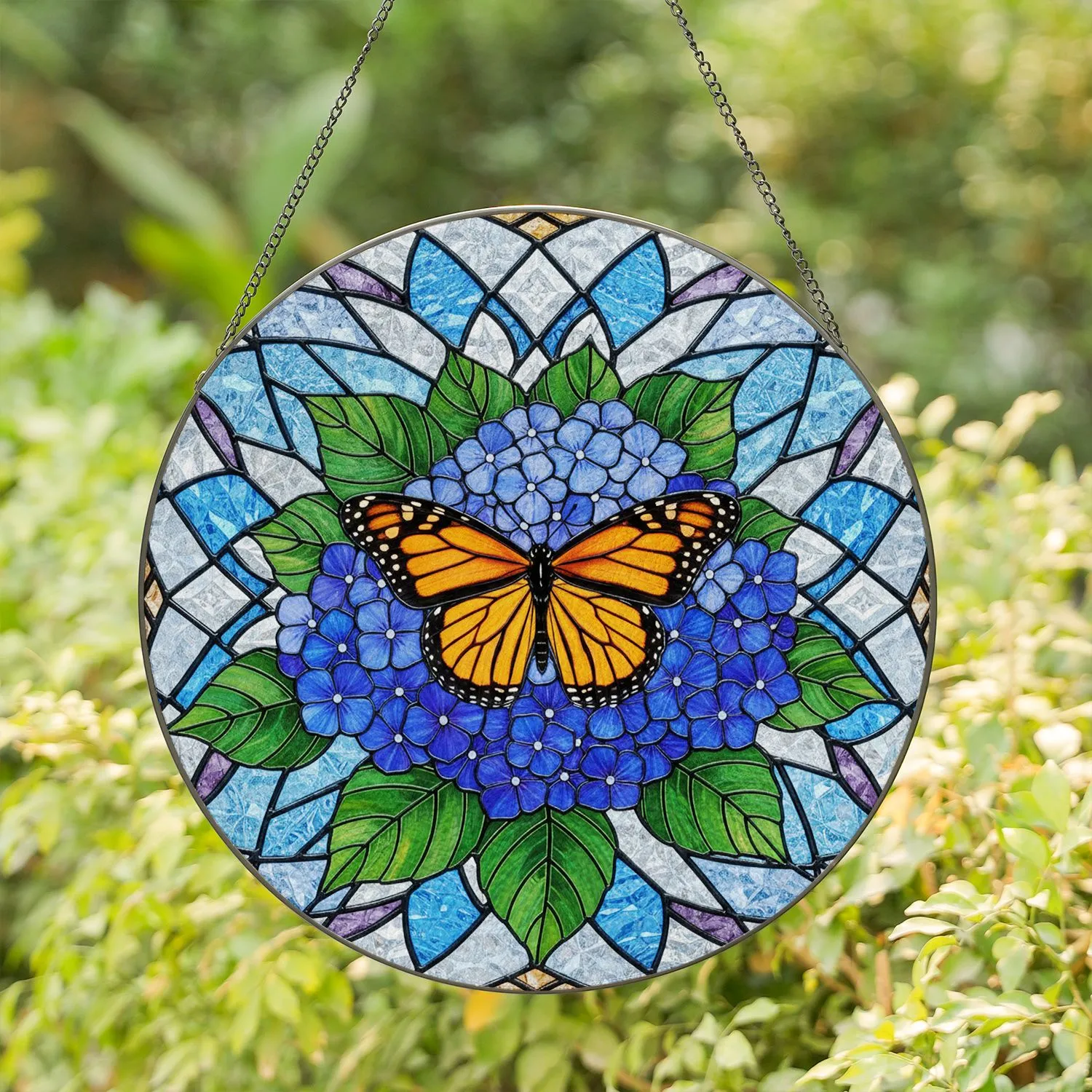 Monarch Butterfly Tiffany Style Stained Glass Hydrangea Blossom Mosaic Nature Lovers Gift Stained Glass Suncatcher - 1
