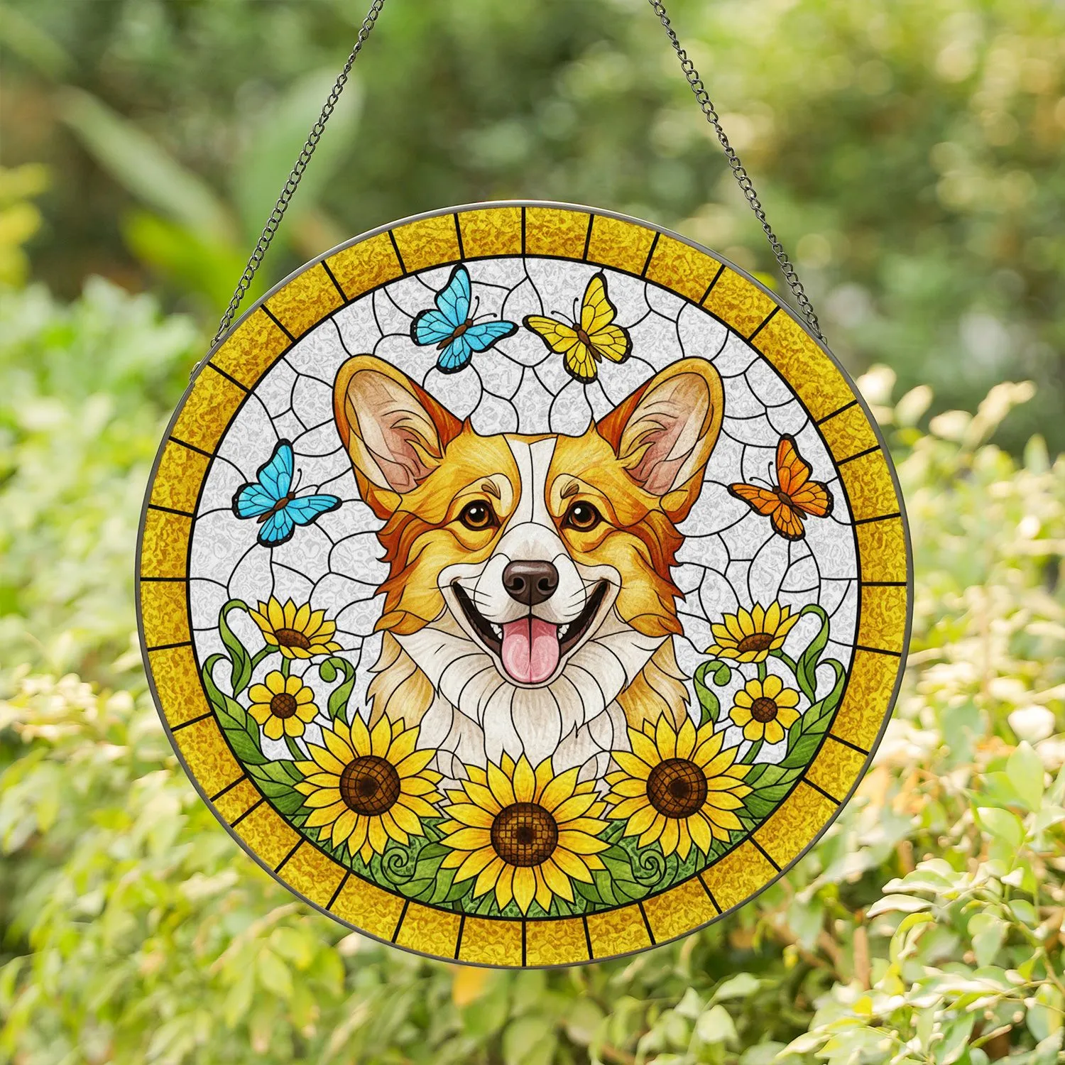 Welsh Corgi Sunflowers Butterflies - Tiffany Style Intricate Golden Mosaic Window Art Stained Glass Suncatcher - 1