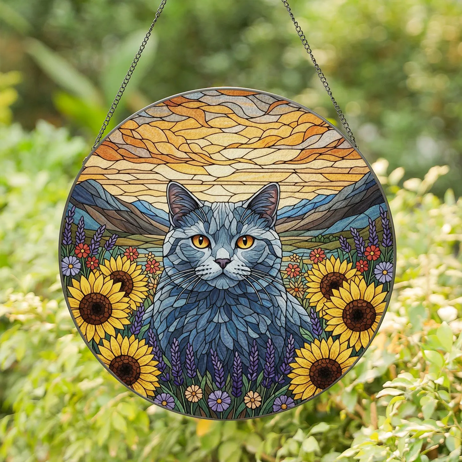 Intricate British Shorthair Cat Sunflowers Lavender Mountain Landscape Tiffany Style Stained Glass Suncatcher - 1