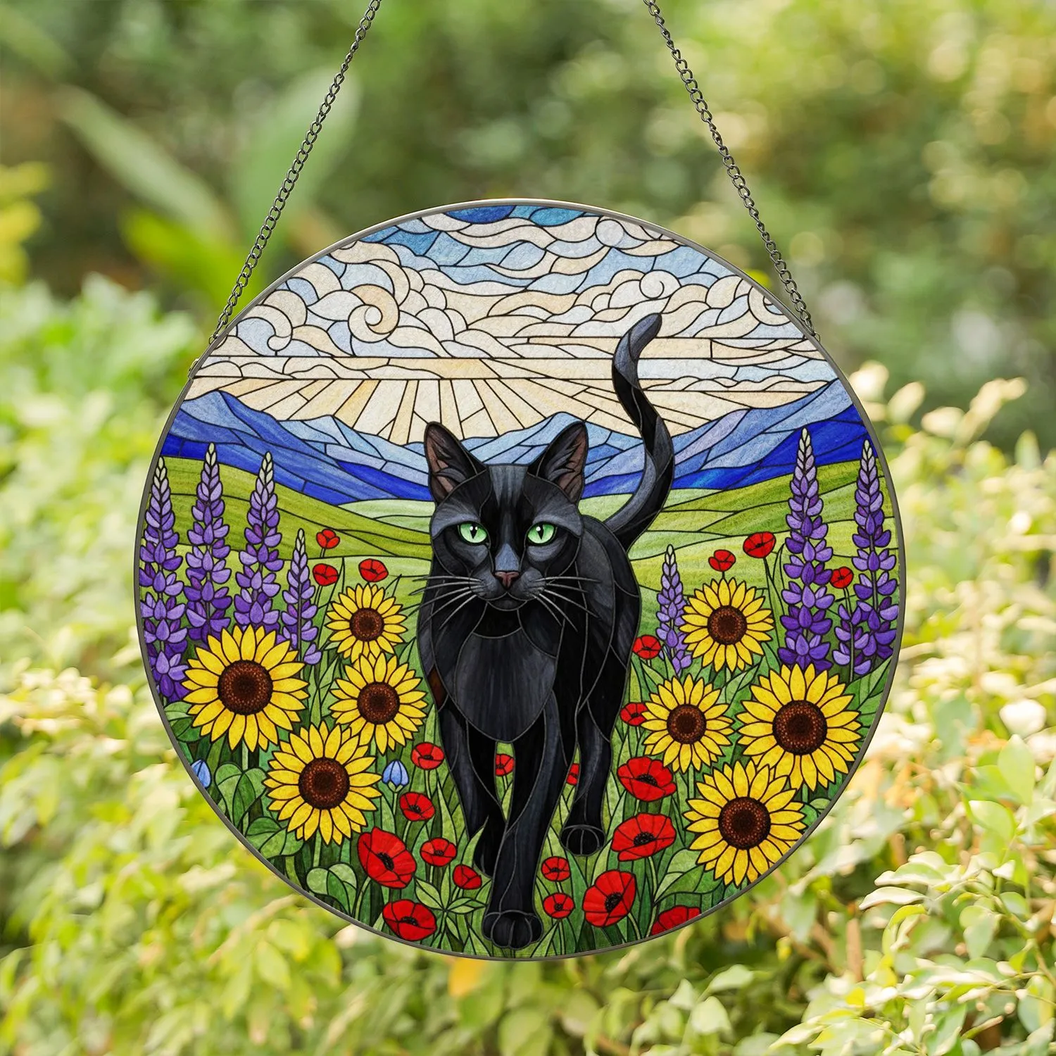 Black Cat Sunflowers Wildflowers Mountains Stained Glass Jewel Tones - Cat Lover Decor Stained Glass Suncatcher - 1