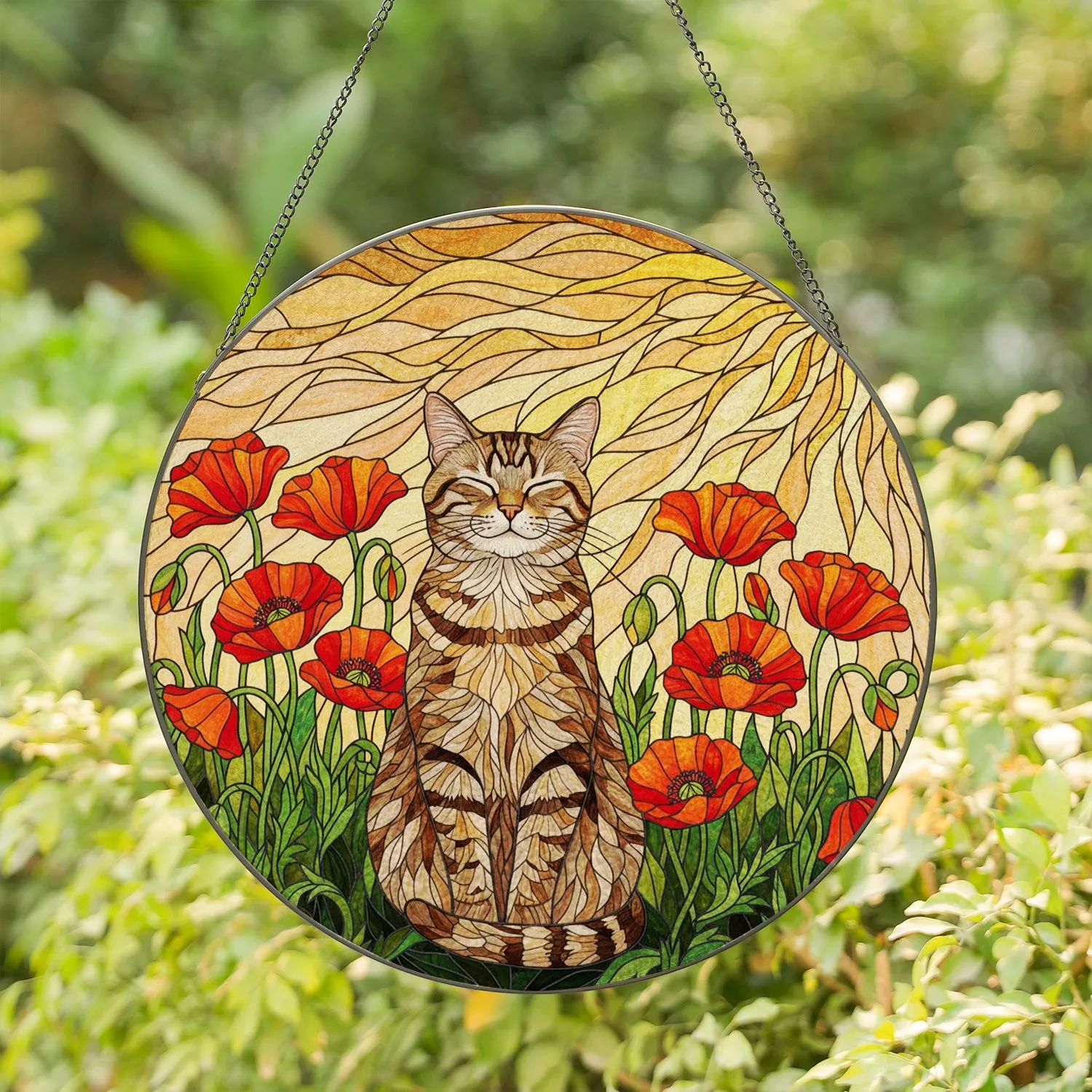 Contented Tabby Cat Red Orange Poppy Flowers Radiant Sun Tiffany Stained Glass Art Decor for Home Stained Glass Suncatcher - 1