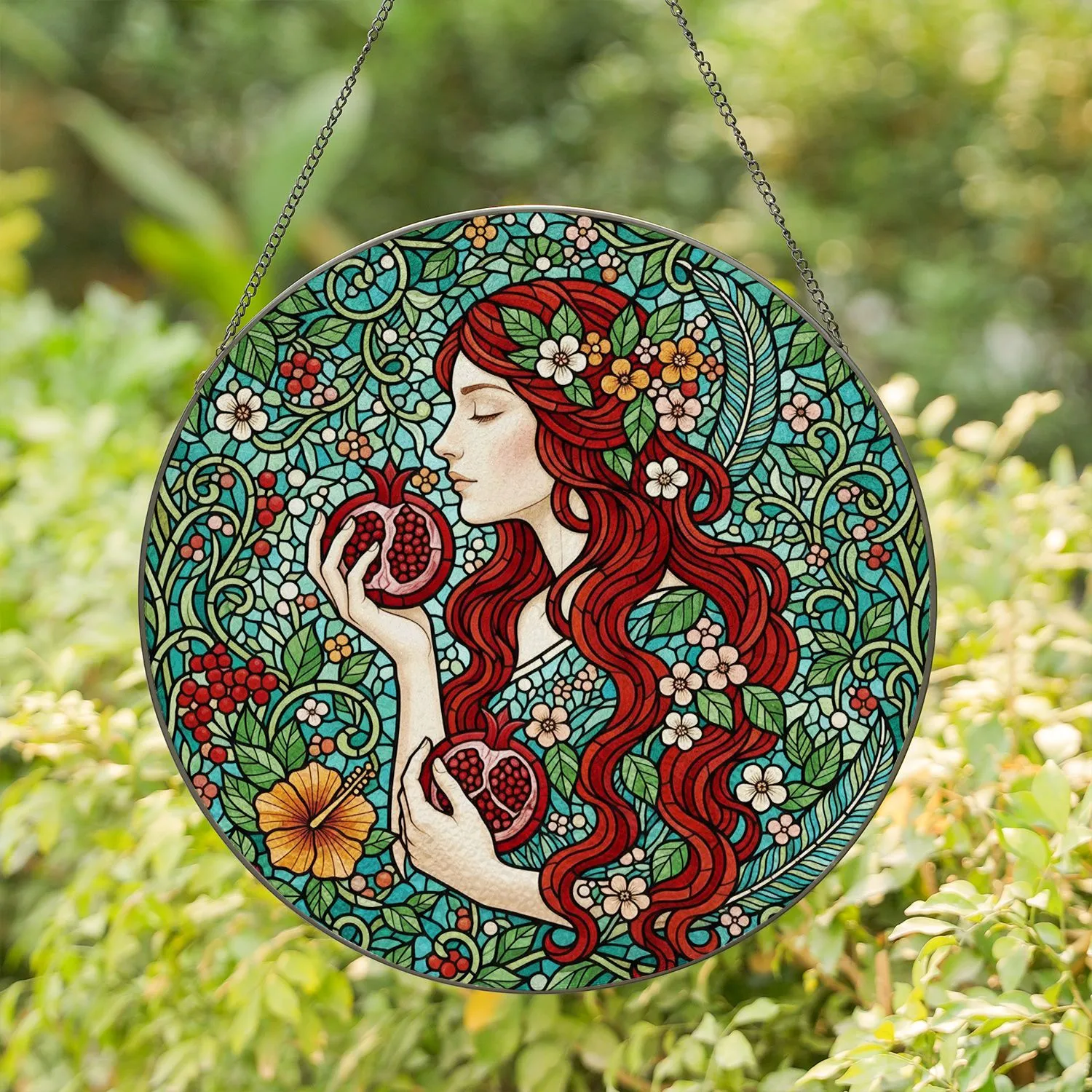 Highly Detailed Stained Glass Woman Pomegranates Red Hair Botanical Tiffany Jewel Tones Stained Glass Suncatcher - 1