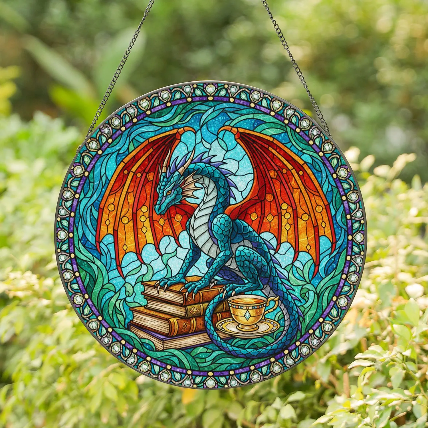 Stained Glass Dragon Books Teacup - Teal Purple Orange Tiffany Style Jewel Tone Mosaic Stained Glass Suncatcher - 1