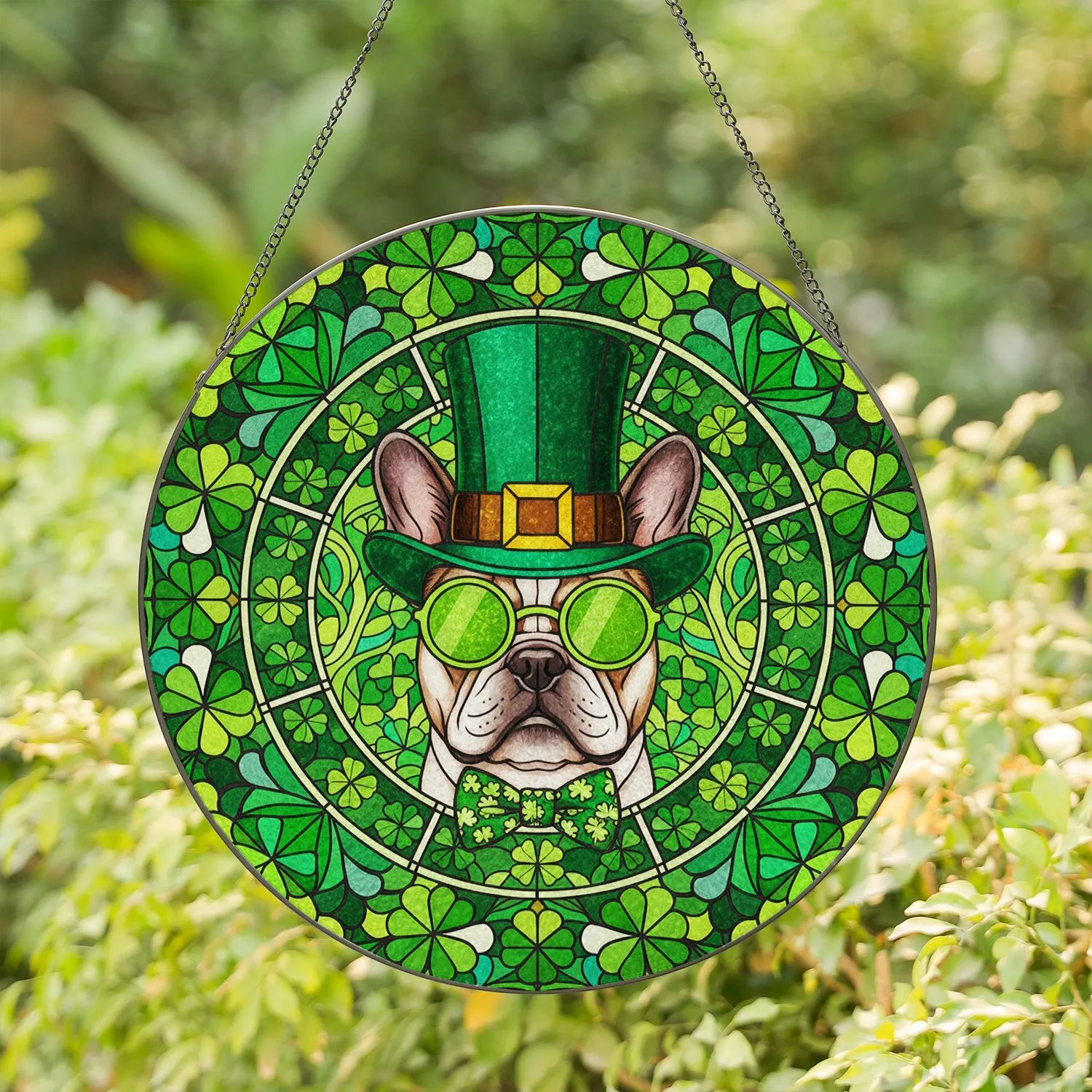 Brindle French Bulldog Leprechaun Hat Stained Glass Shamrocks - St. Patrick's Day Stained Glass Suncatcher - 1