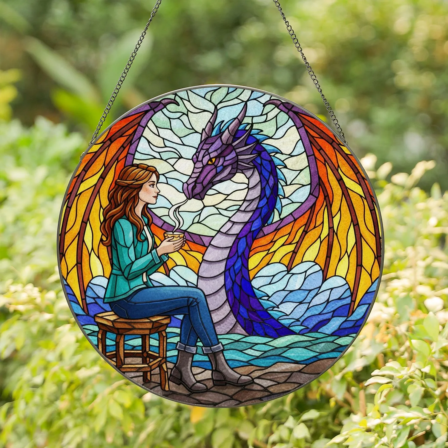 Young Woman & Dragon Teacup Fantasy Art - Detailed Tiffany Glass Mosaic Jewel Tone Decor Stained Glass Suncatcher - 1