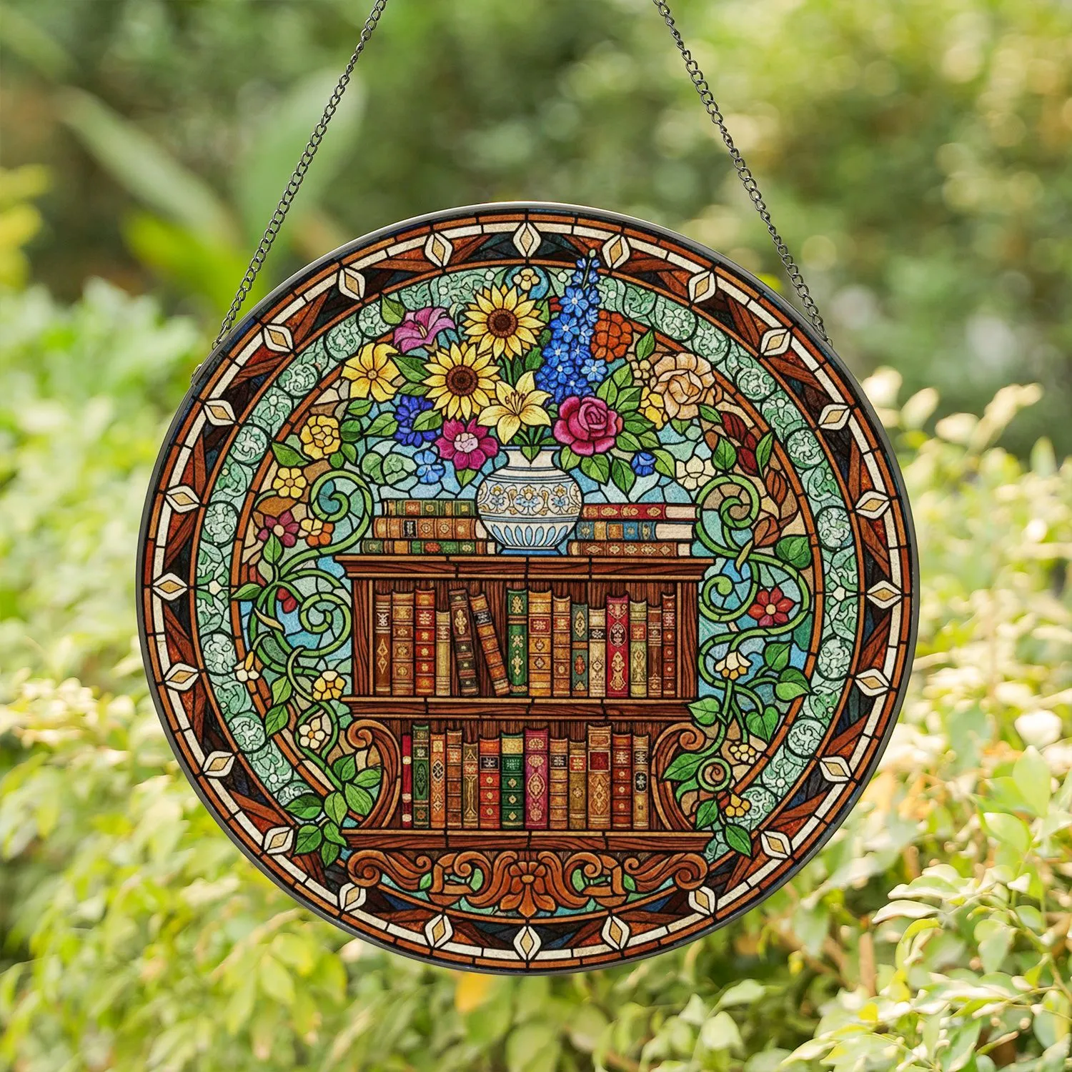 Wooden Bookshelf Antique Books, Vase, Vibrant Flowers, Green Foliage, Tiffany Stained Glass Mosaic Stained Glass Suncatcher - 1