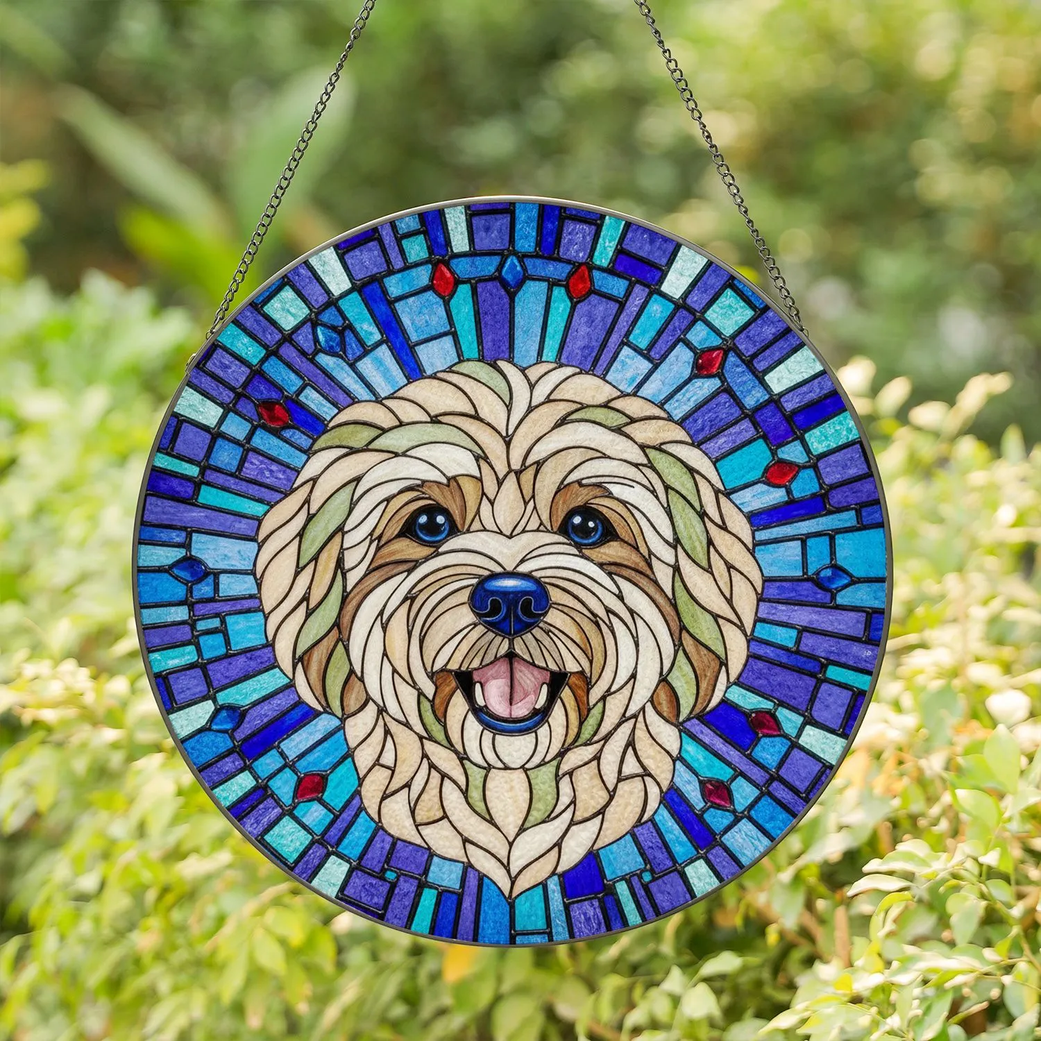 White Cream Dog Head Stained Glass - Tiffany Translucent Geometric Mosaic Artwork Stained Glass Suncatcher - 1