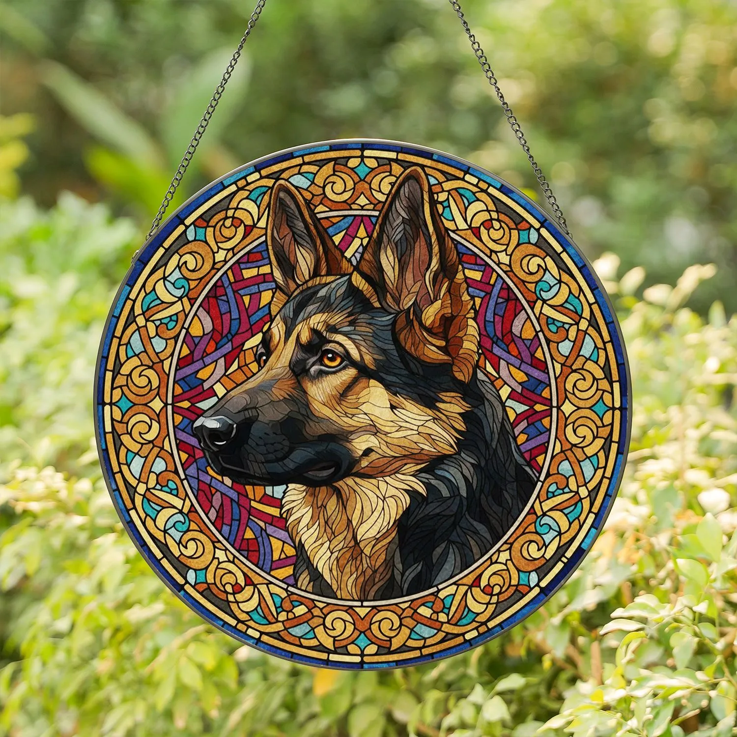 Majestic German Shepherd Stained Glass Art - Tiffany Inspired Ornamental Mosaic Patterns Stained Glass Suncatcher - 1