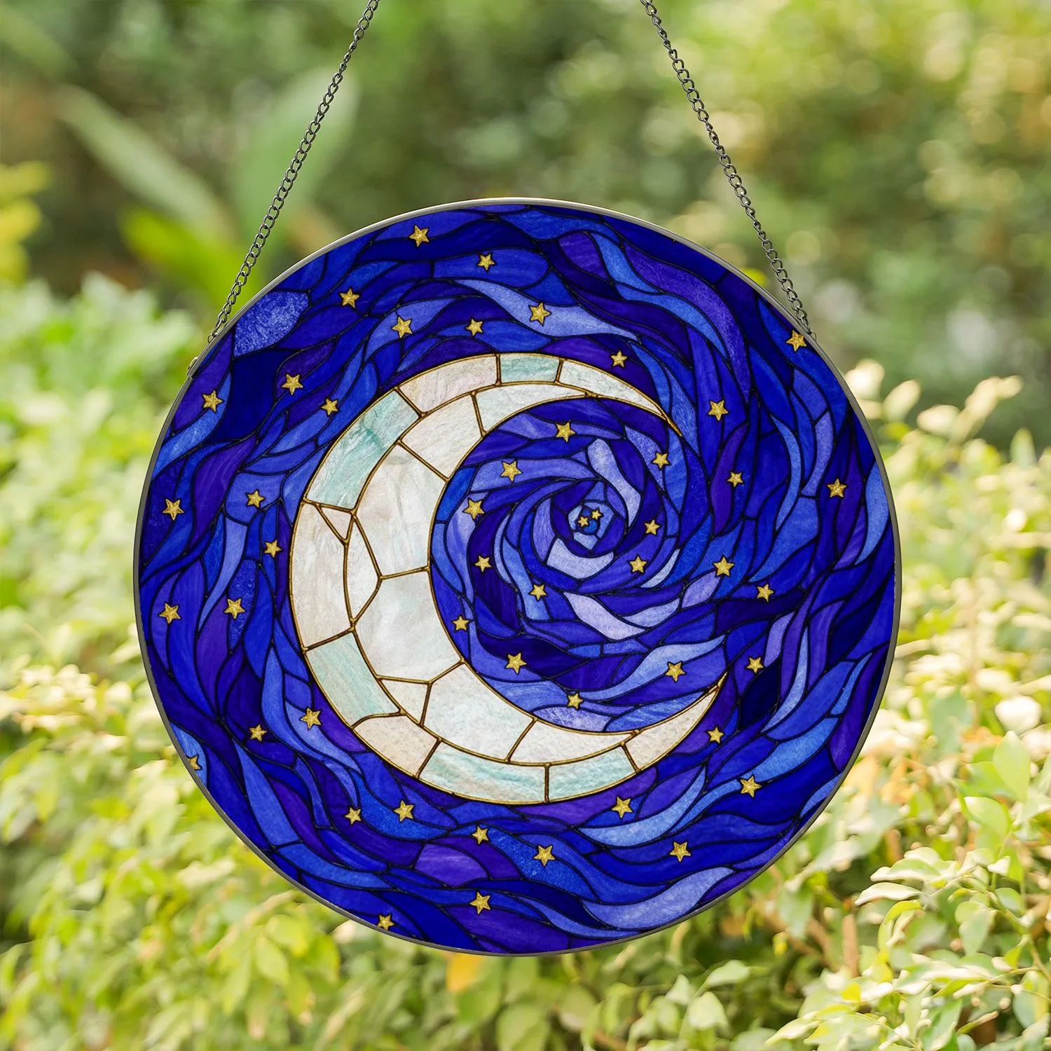 Crescent Moon Stars Stained Glass Night Sky Art - Jewel Tone Celestial Wall Decor Stained Glass Suncatcher - 1