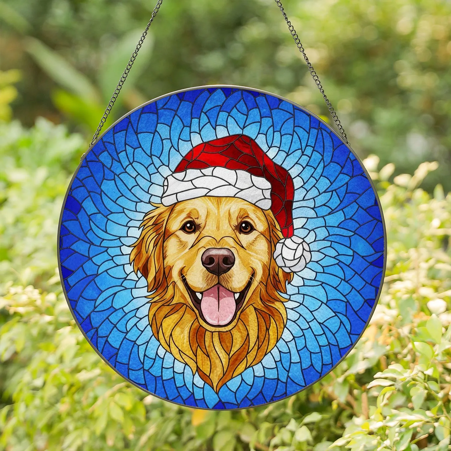 Golden Retriever Dog Santa Hat Stained Glass Mosaic Art - Christmas Holiday Gift for Dog Lovers Stained Glass Suncatcher - 1