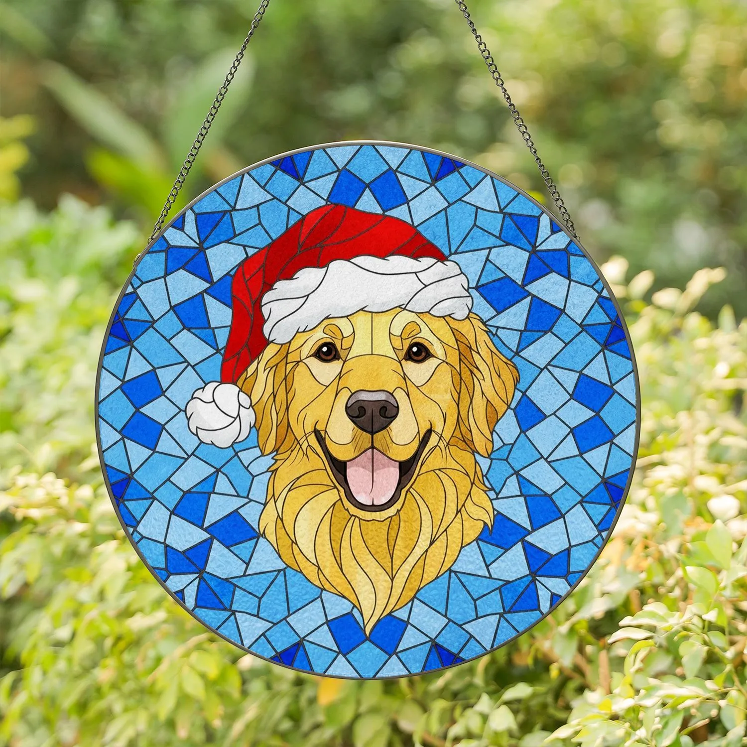 Golden Retriever Santa Hat Dog Mosaic Glass - Christmas Holiday Pet Lover Gift Stained Glass Suncatcher - 1