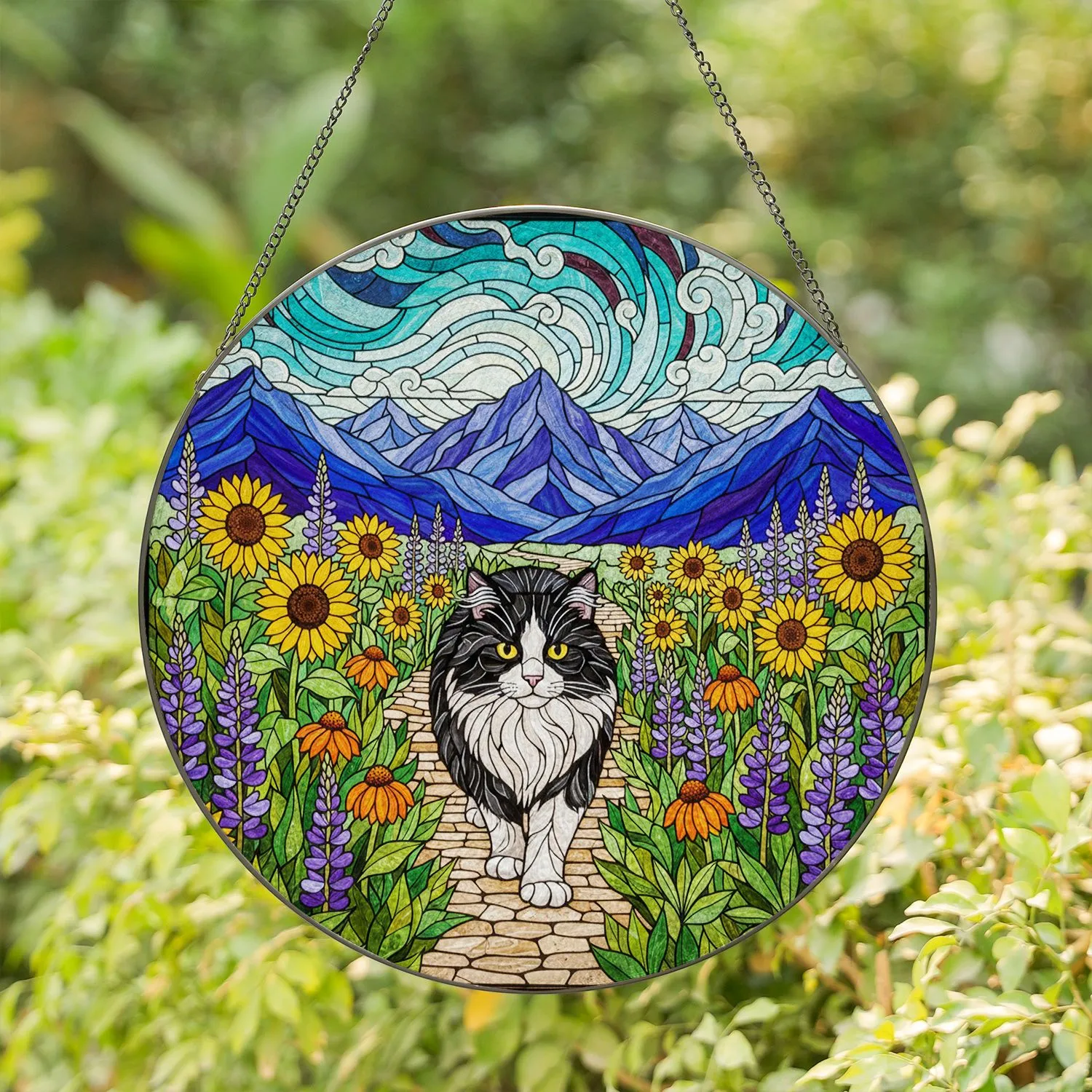 Bi-color Cat Stained Glass Sunflowers Meadow Mountain Tiffany Art - Cat Lover Gift Stained Glass Suncatcher - 1