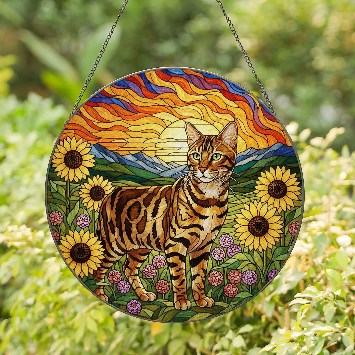 Bengal Cat Golden Sunflowers Mountain Sunset - Wildflower Landscape Cat Lover Home Decor Stained Glass Suncatcher - 1
