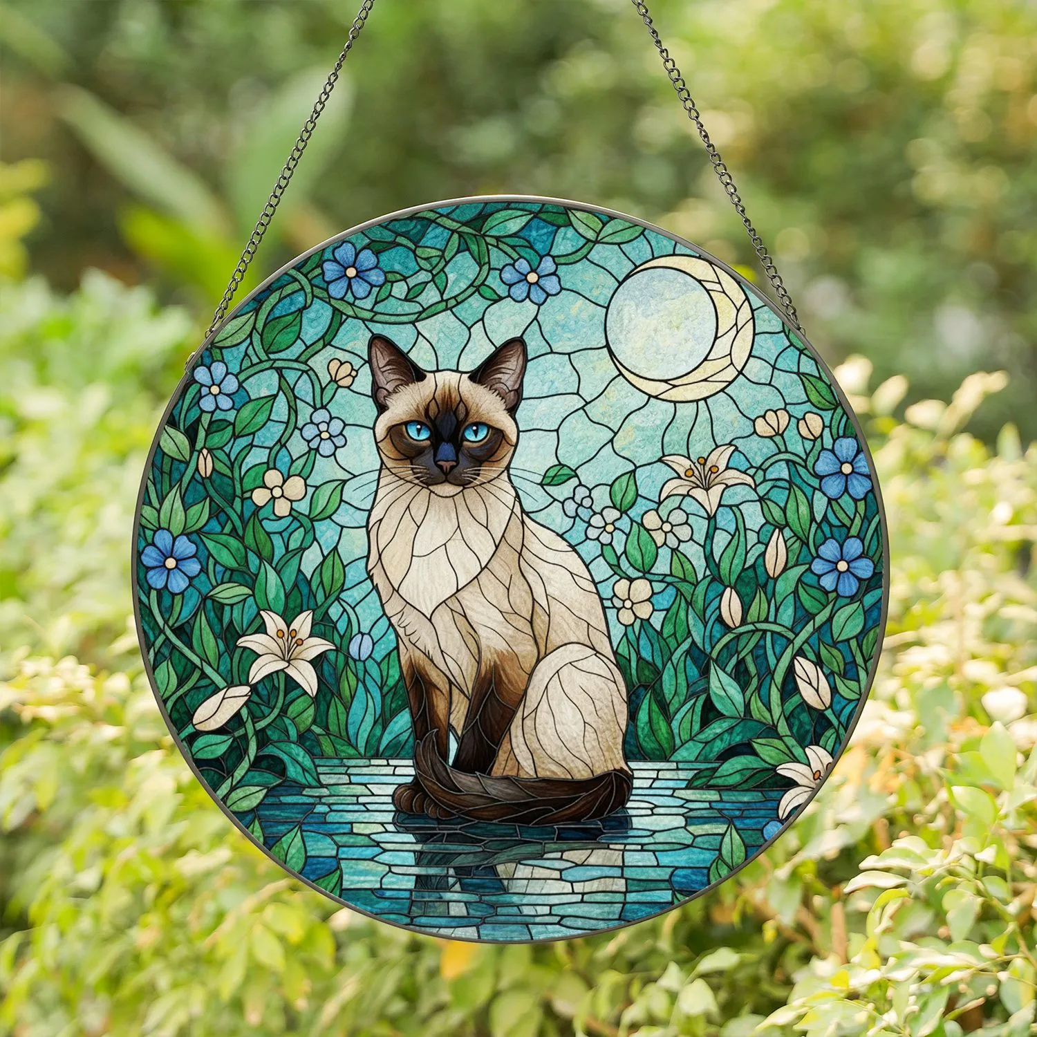 Siamese Cat Blue Eyes Crescent Moon Stained Glass Garden - Tiffany Style Decor Stained Glass Suncatcher - 1