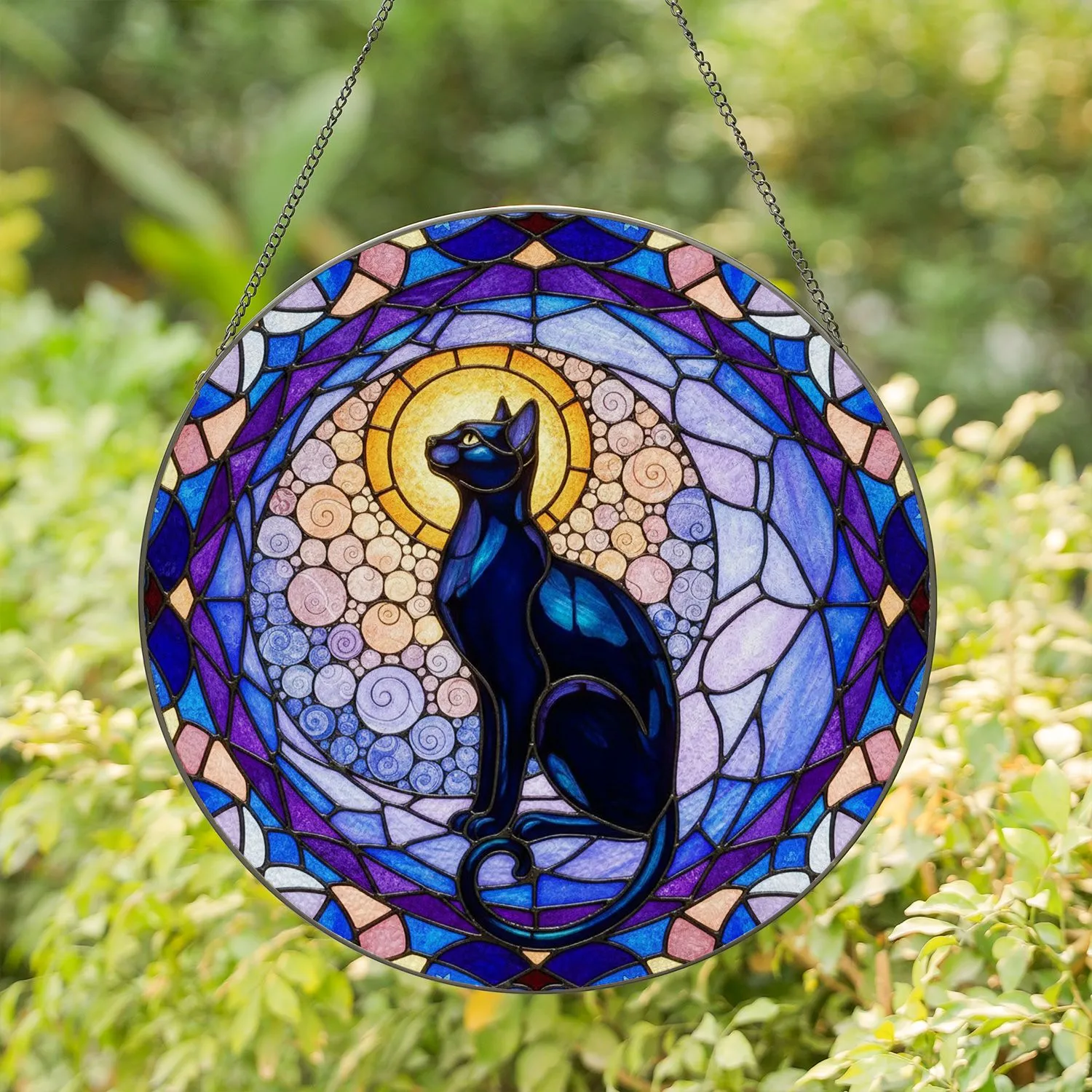 Black Cat Crescent Moon Celestial Stained Glass Tiffany Art Intricate Mosaic Design Stained Glass Suncatcher - 1