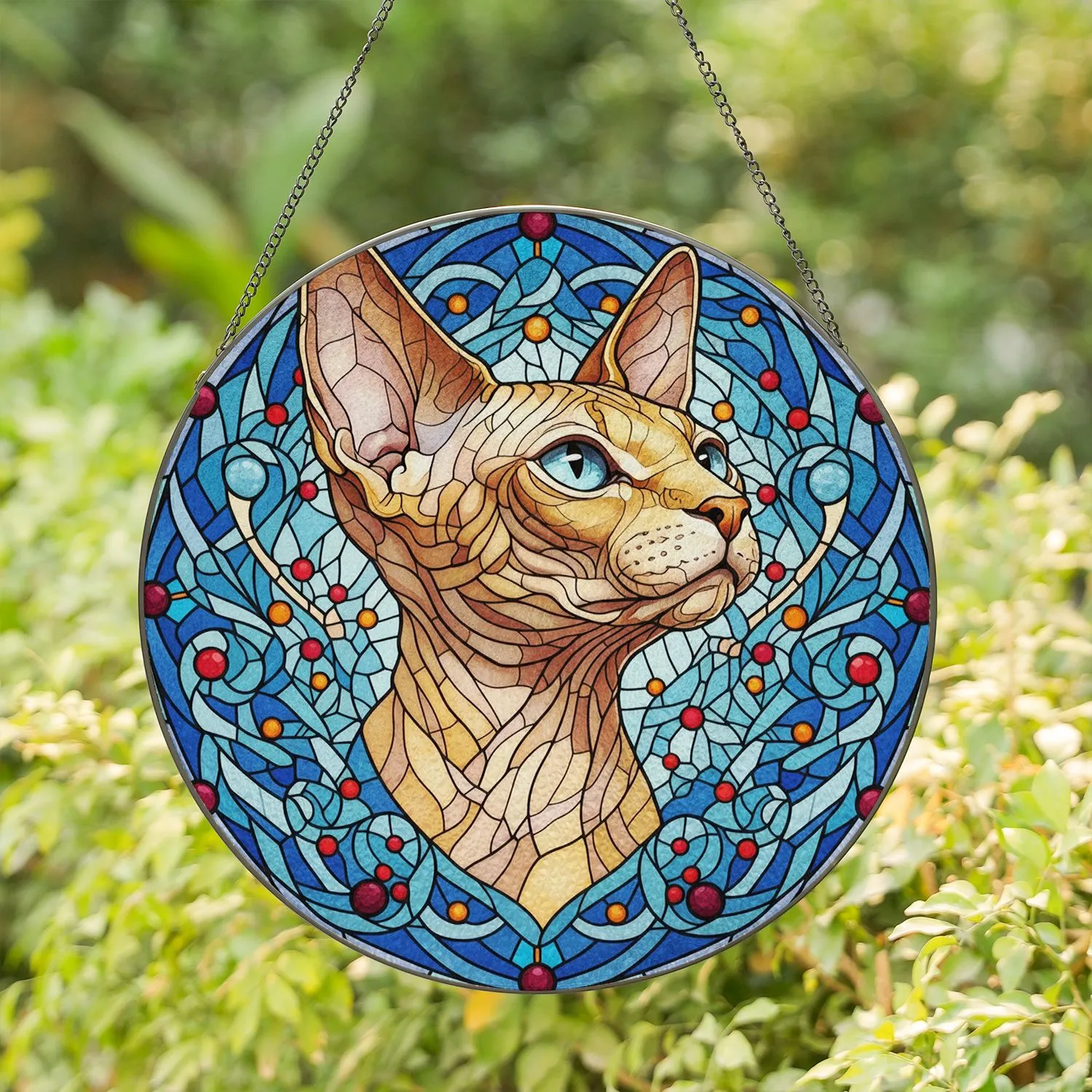 Detailed Sphynx Cat Stained Glass Art, Tiffany Style Design with Piercing Blue Eyes Stained Glass Suncatcher - 1